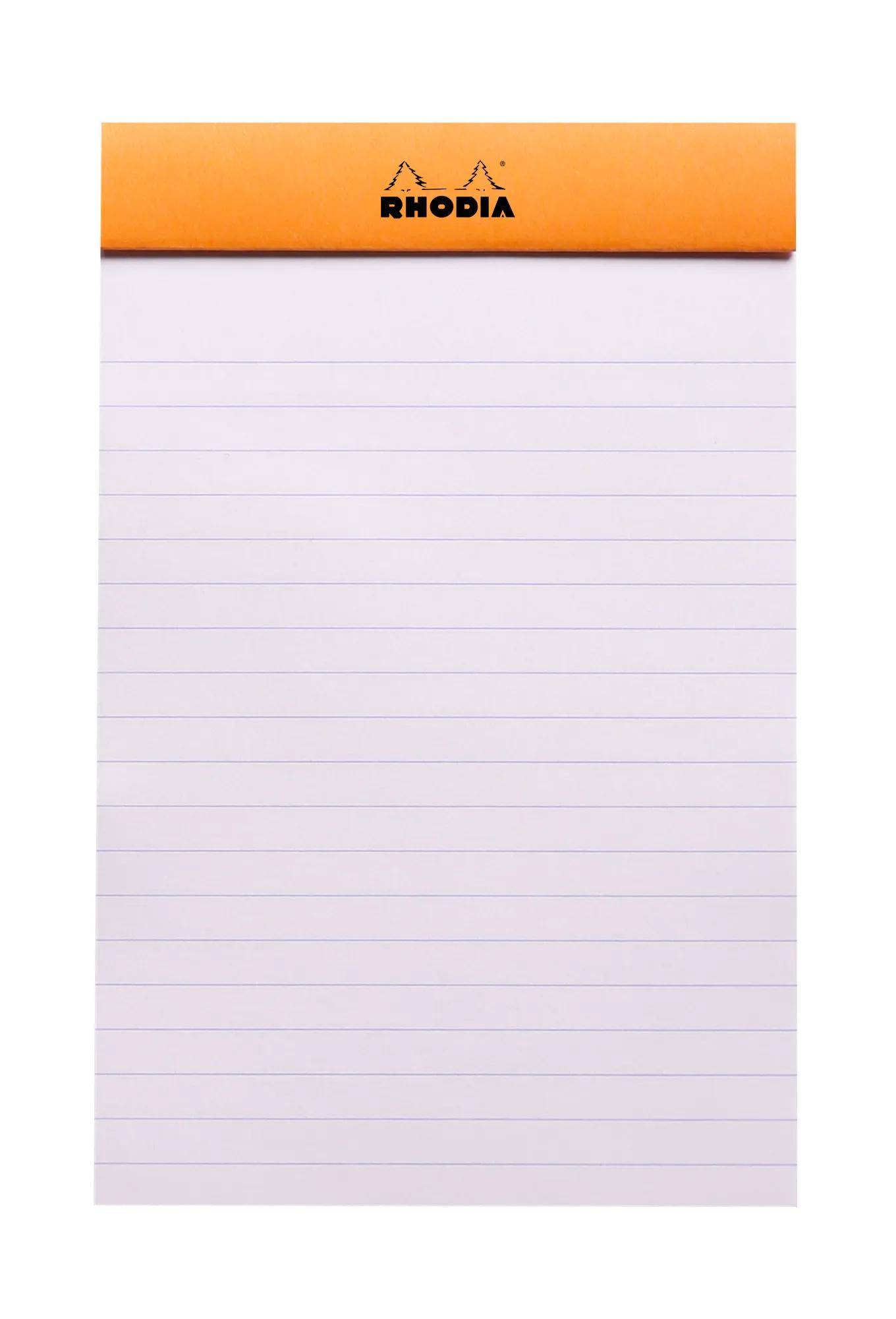 Ein gelbes, liniertes Notizbuch mit einem orangefarbenen Kopfbereich mit der Beschriftung 