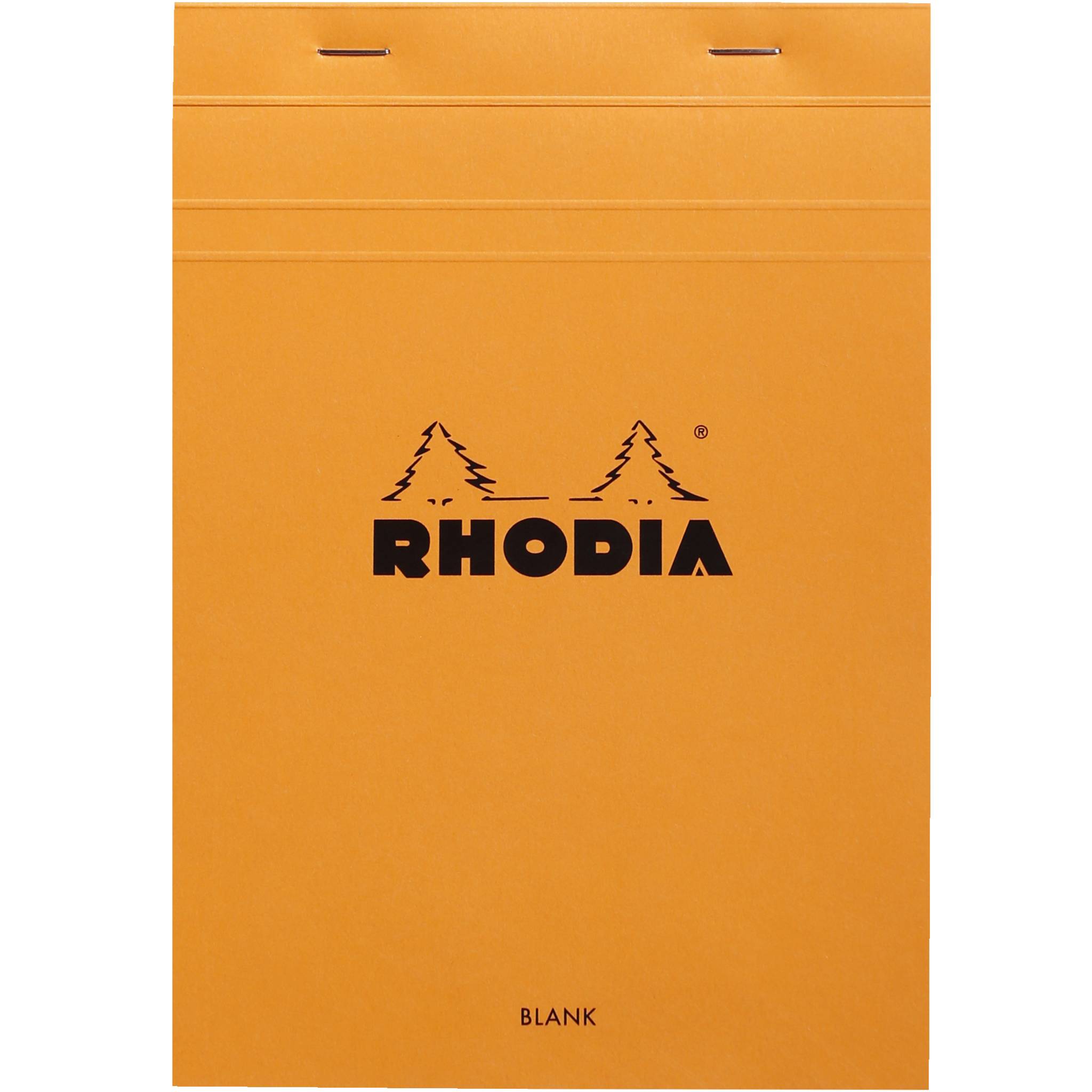 Orangefarbener Rhodia Notizblock mit blankem Papier, Logo und zwei Baumikonen in der Mitte der Vorderseite.