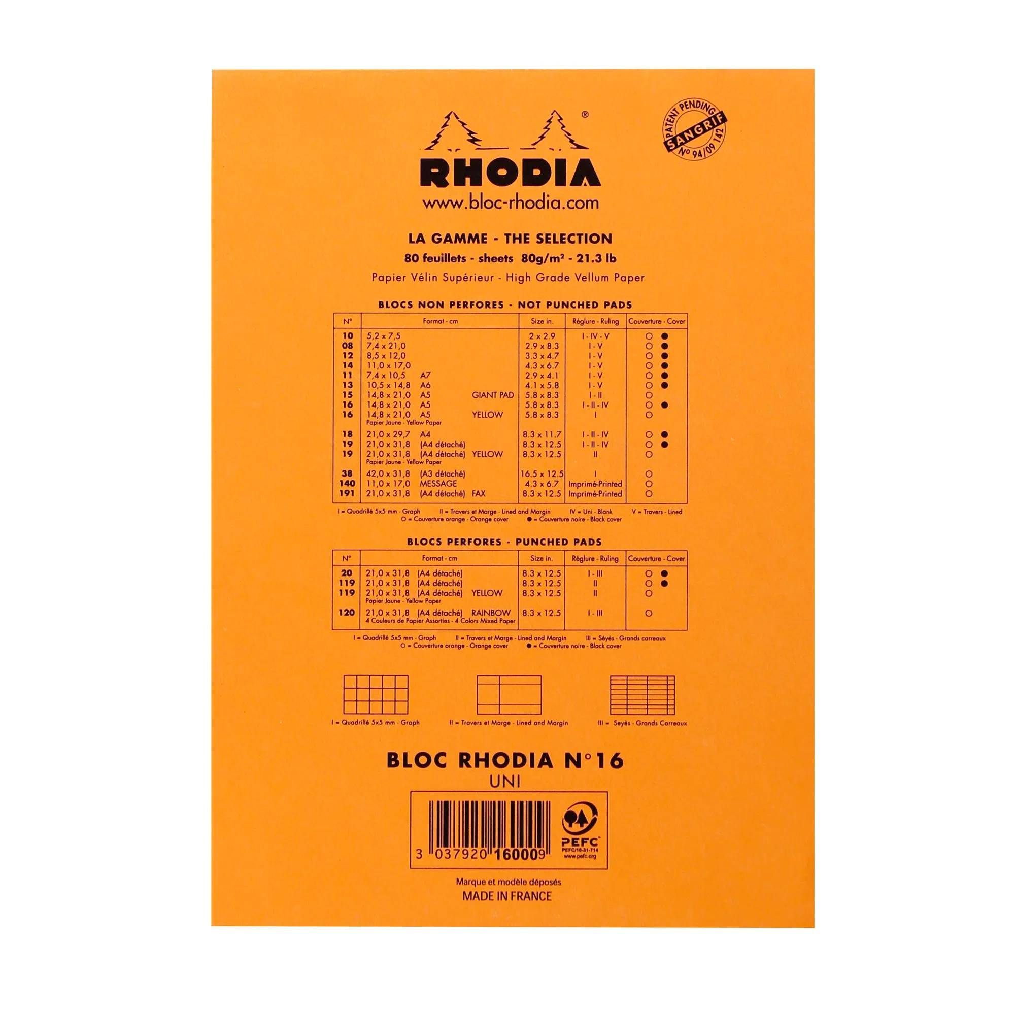 Rhodia 10x Gehefter Notizblock Rhodia No.16 A5 80 Blatt blanko 80g Orange 16000C