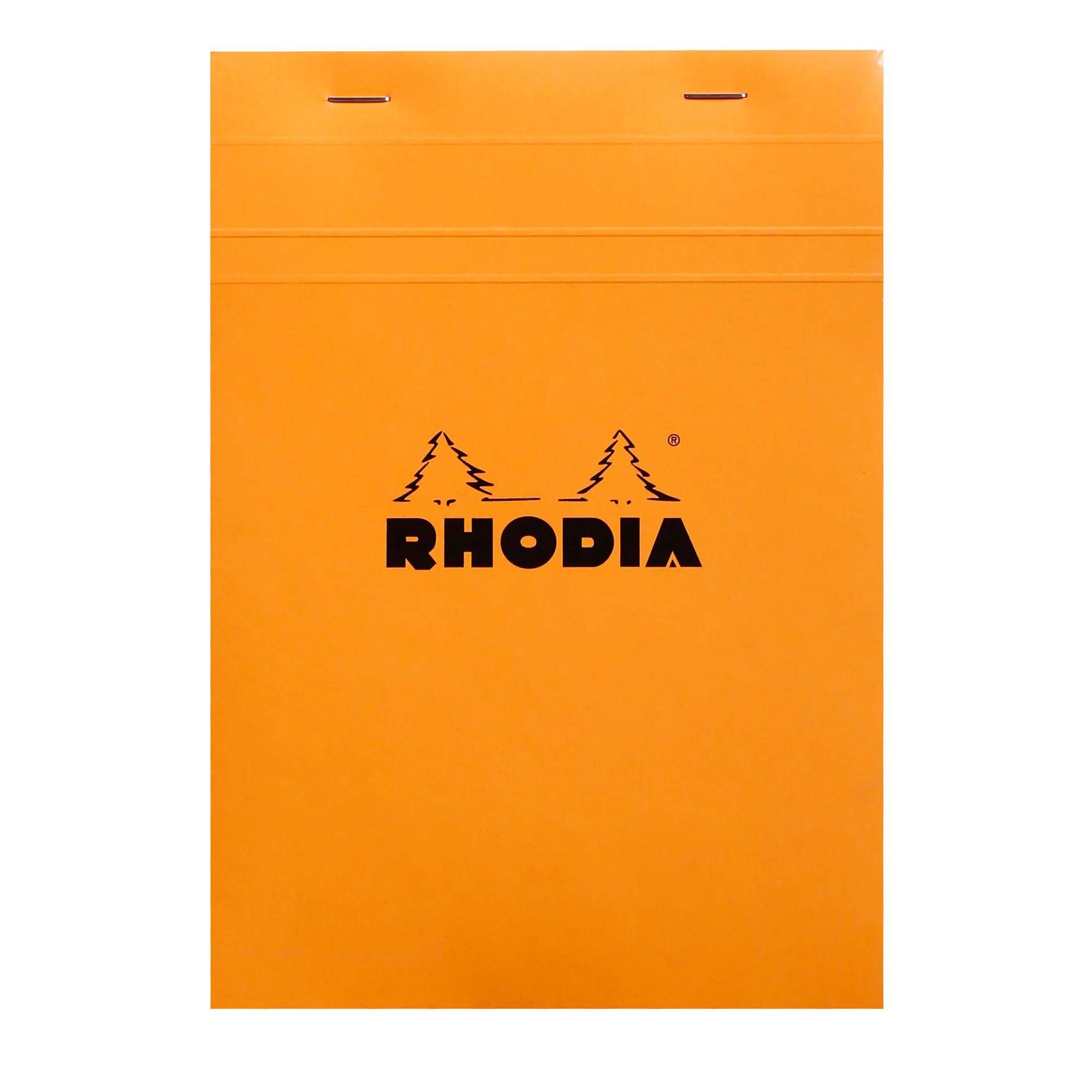 Oranges Rhodia-Notizbuch mit oberer Bindung und Logo auf dem Umschlag.