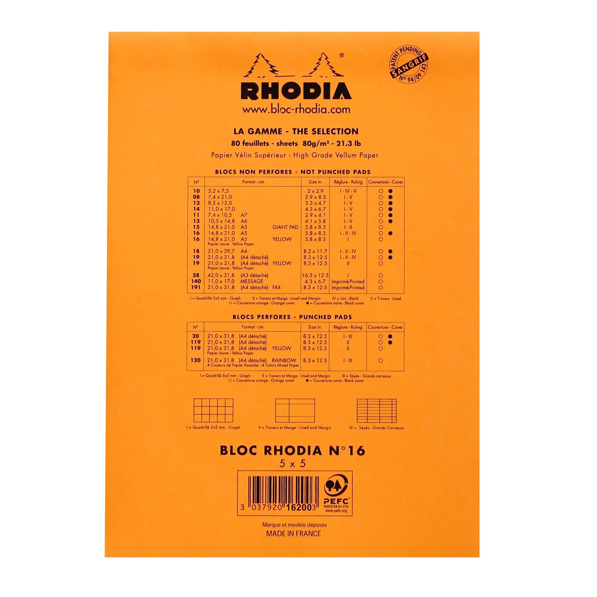 Rhodia 10x Gehefter Notizblock Rhodia No.16 A5 80 Bl kariert 80g Orange 16200C