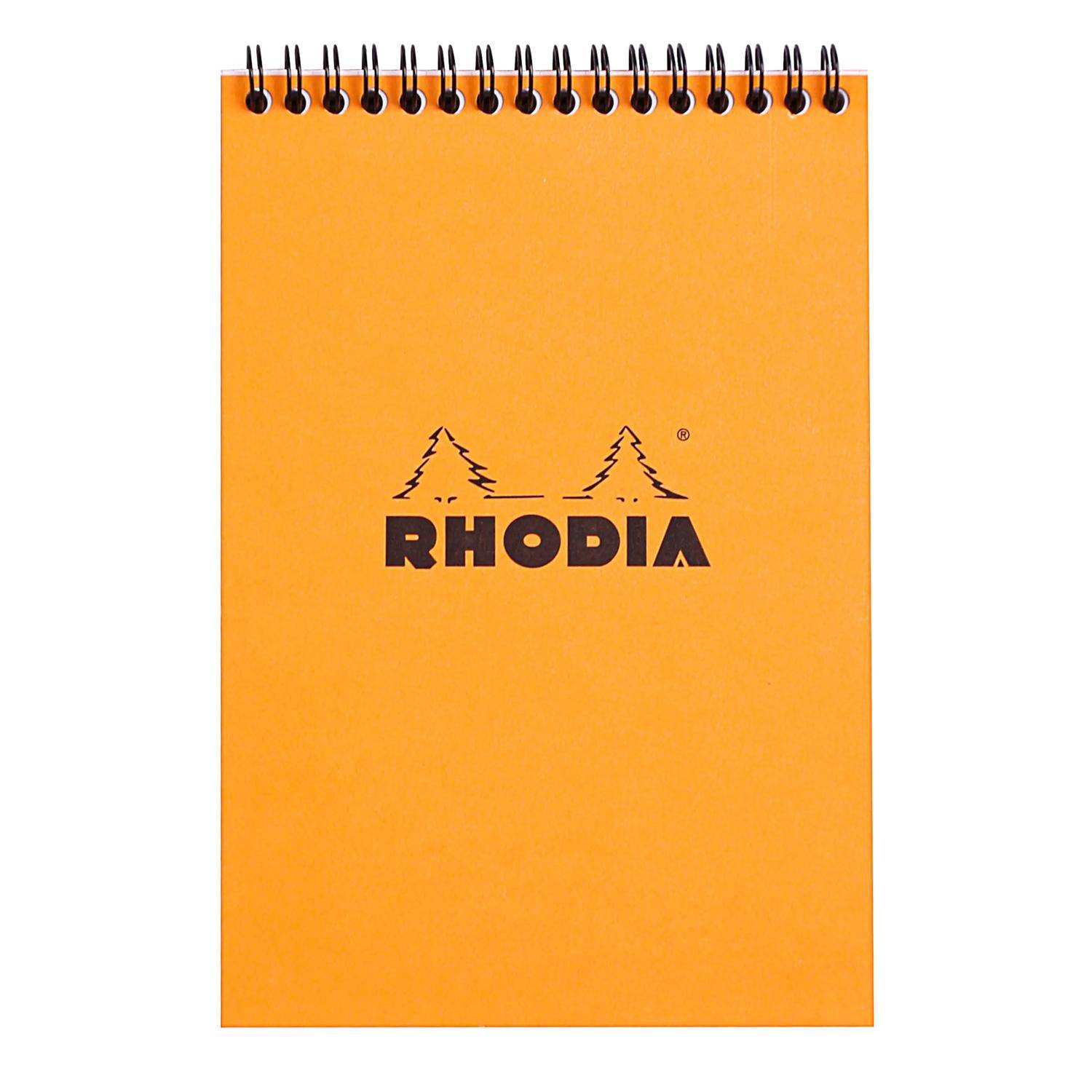 Orange spiralgebundenes RHODIA-Notizbuch mit einfachem Einband und zentriertem Logo.