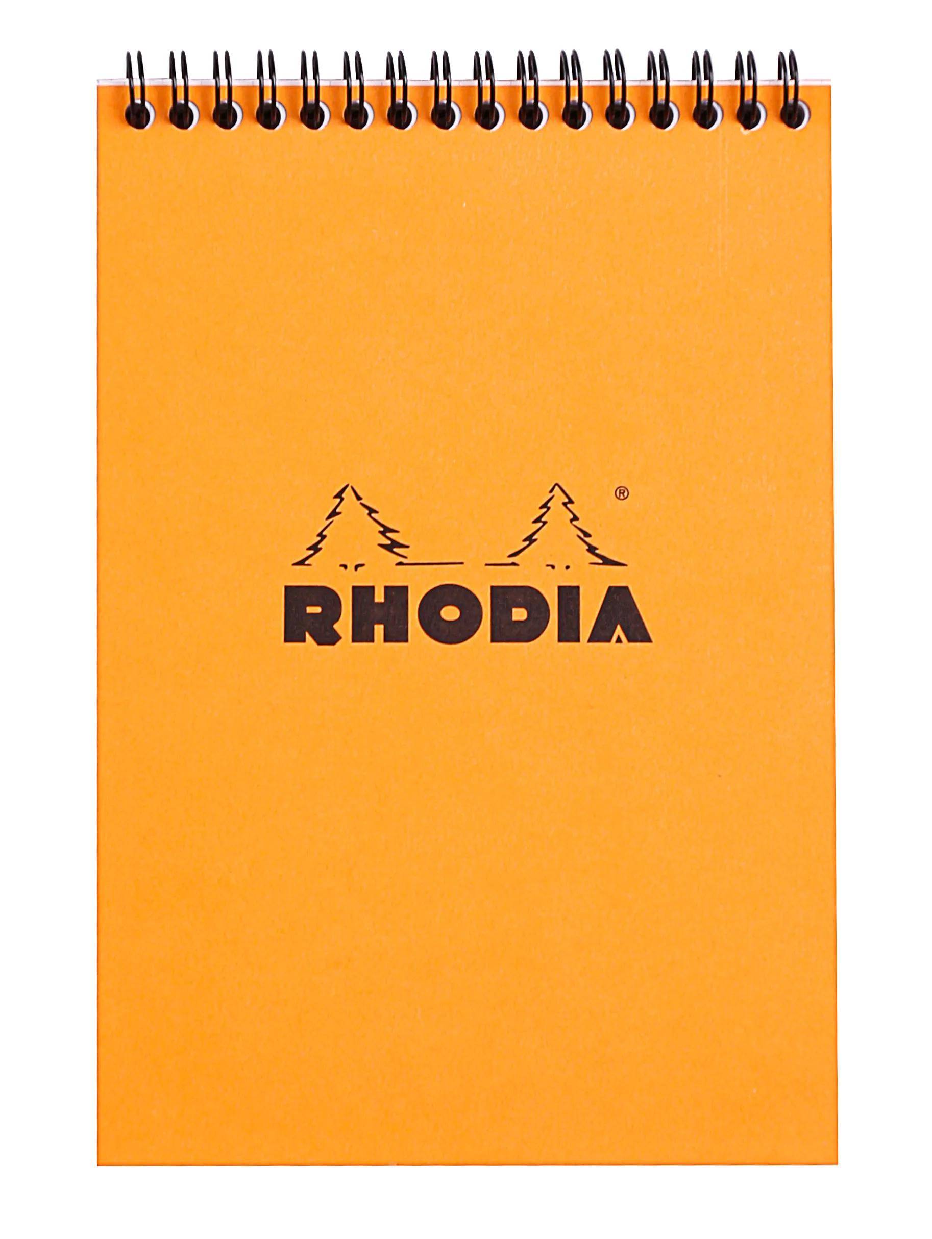 Orangenes Rhodia Spiralblock mit schwarzem Logo auf dem Umschlag.