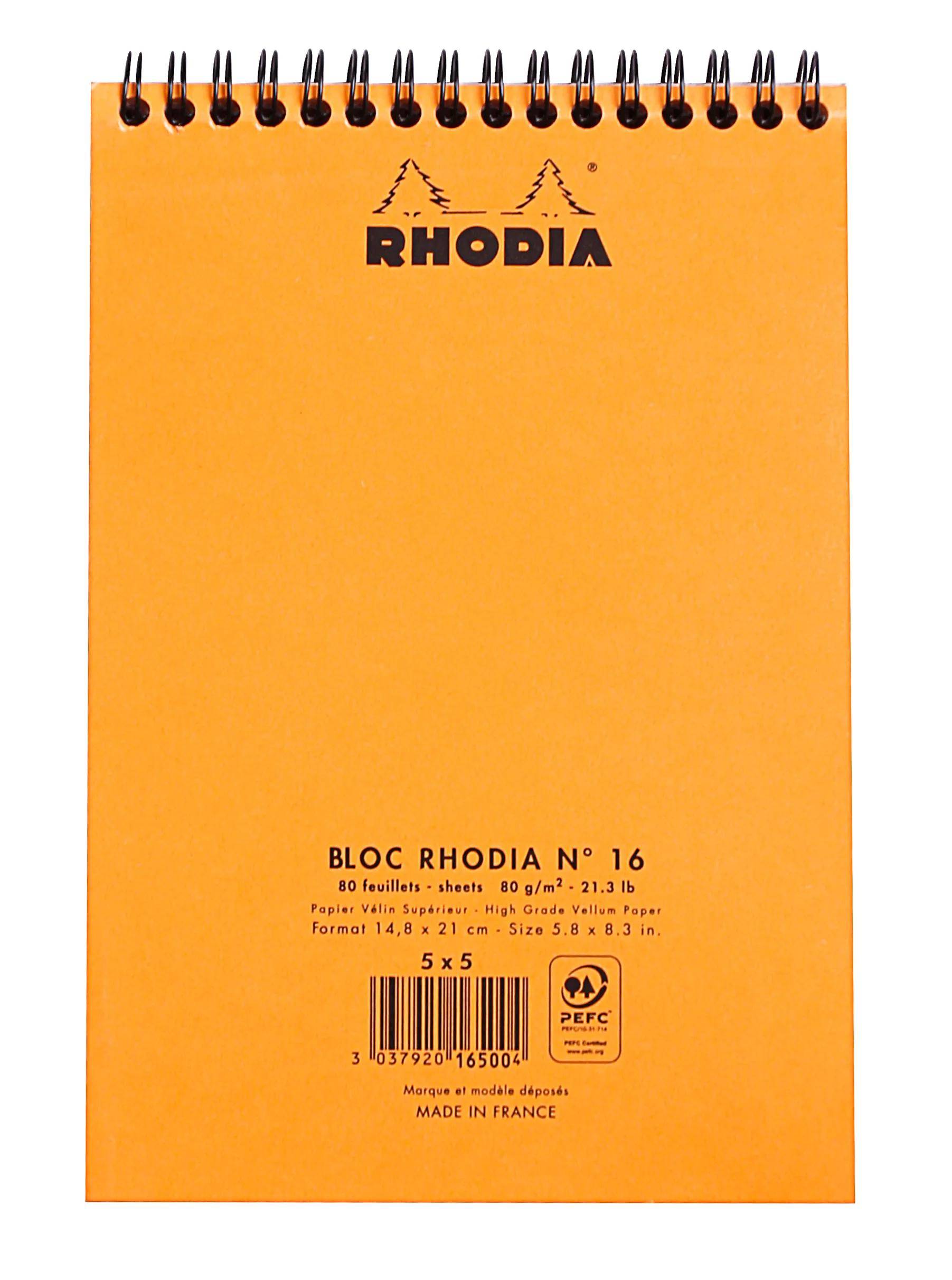 Orangefarbener Notizblockdeckel mit der Bezeichnung „Rhodia
