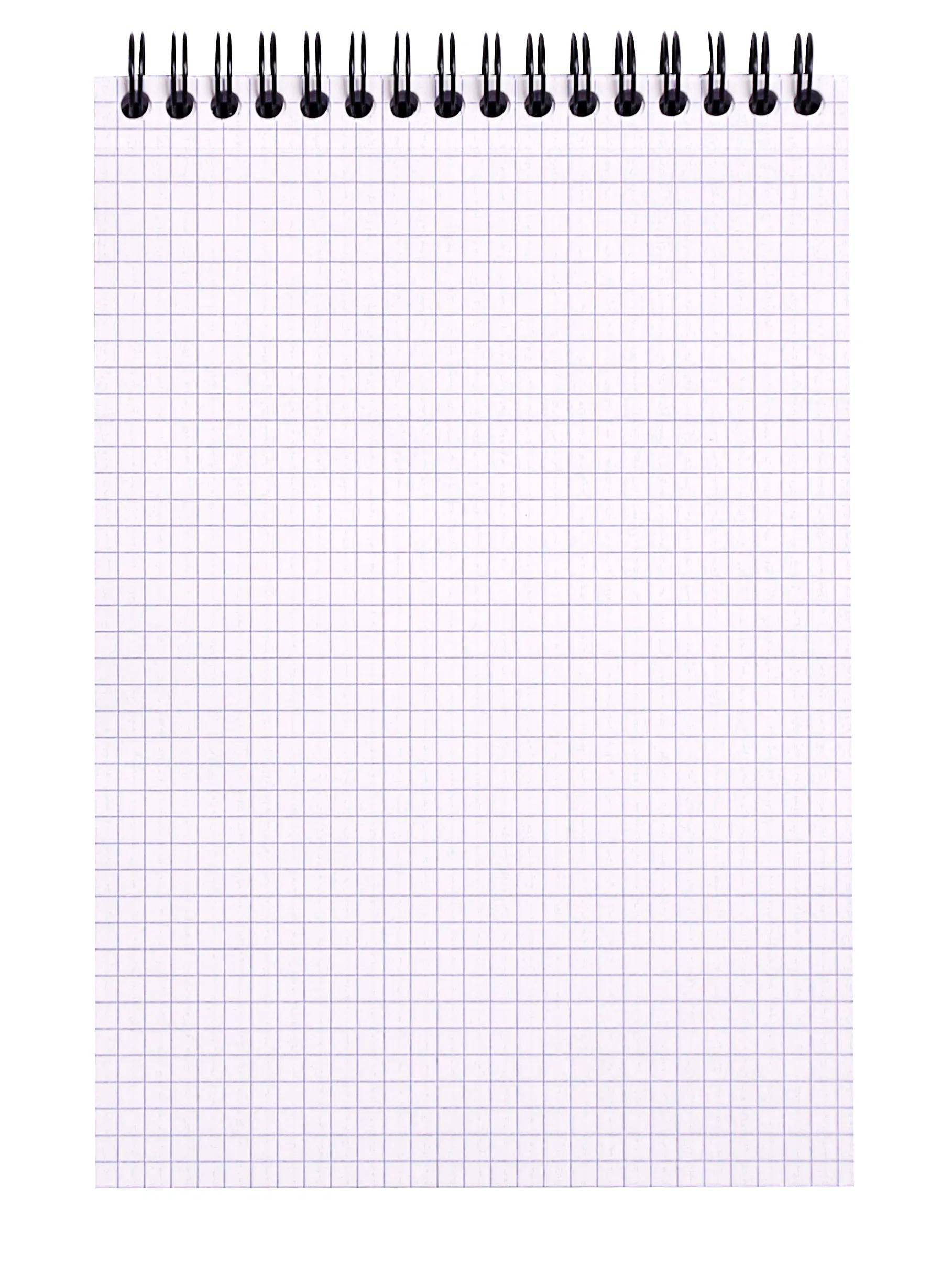 Leere spiralgebundene Seite eines Millimeterpapier-Notizbuches mit leichtem quadratischem Raster