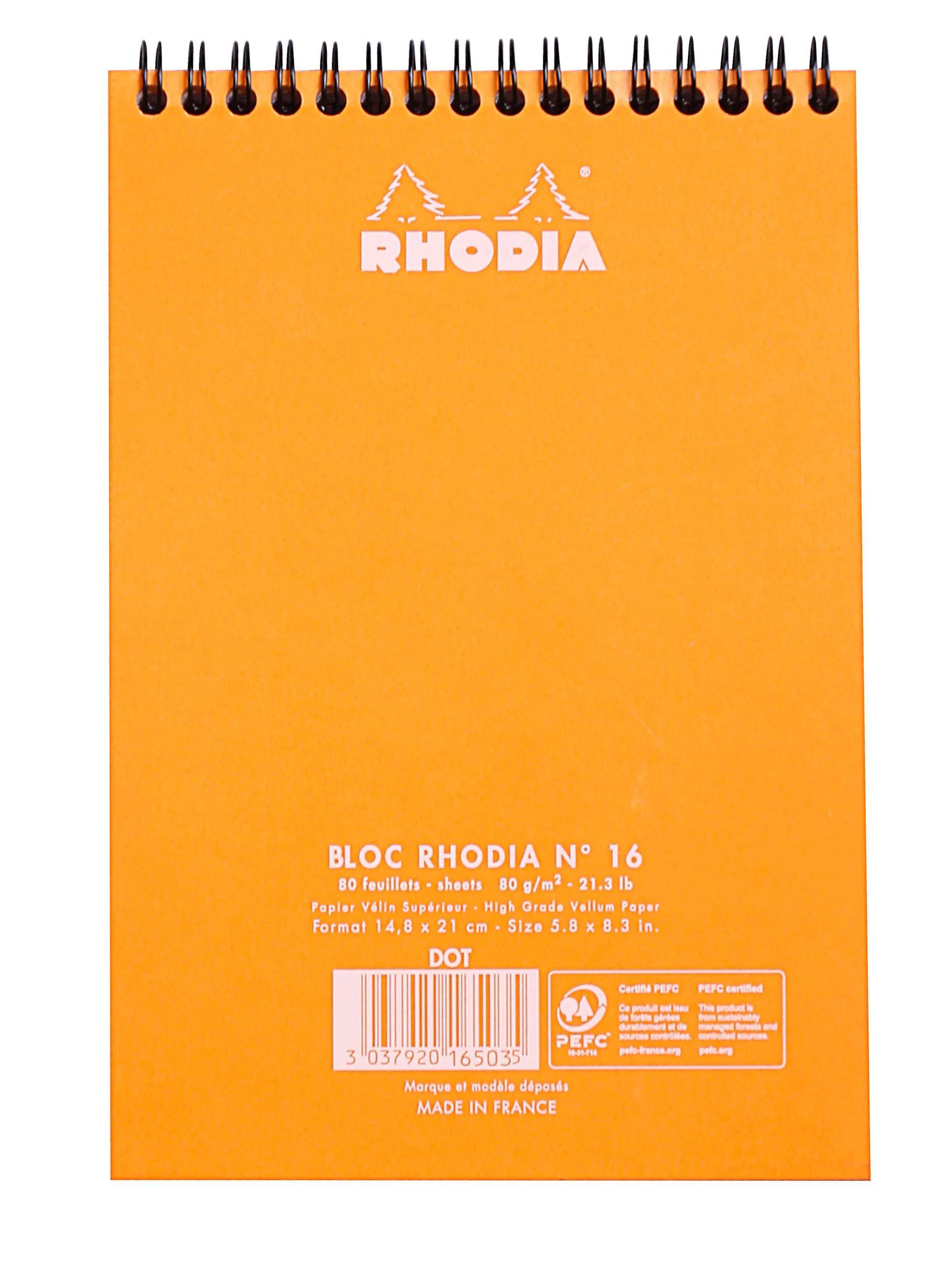 Ein orangefarbener Umschlag eines Rhodia-Notizblocks mit dem Logo oben und Details wie „Bloc Rhodia No 16