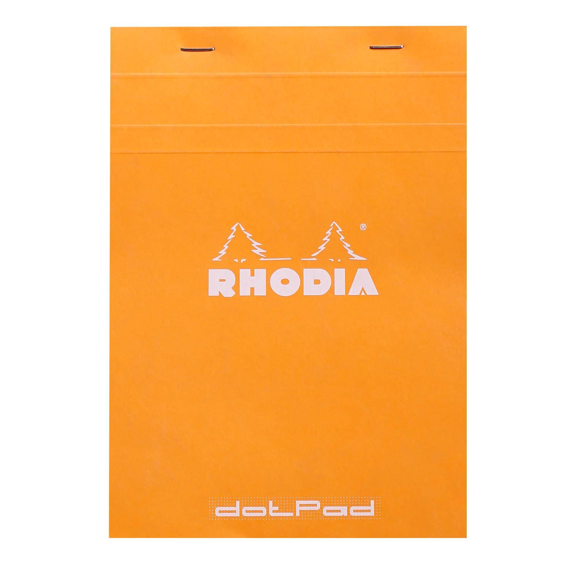 Orangefarbener Notizbuchdeckel von 'Rhodia dotPad' mit Logo aus zwei Bäumen.