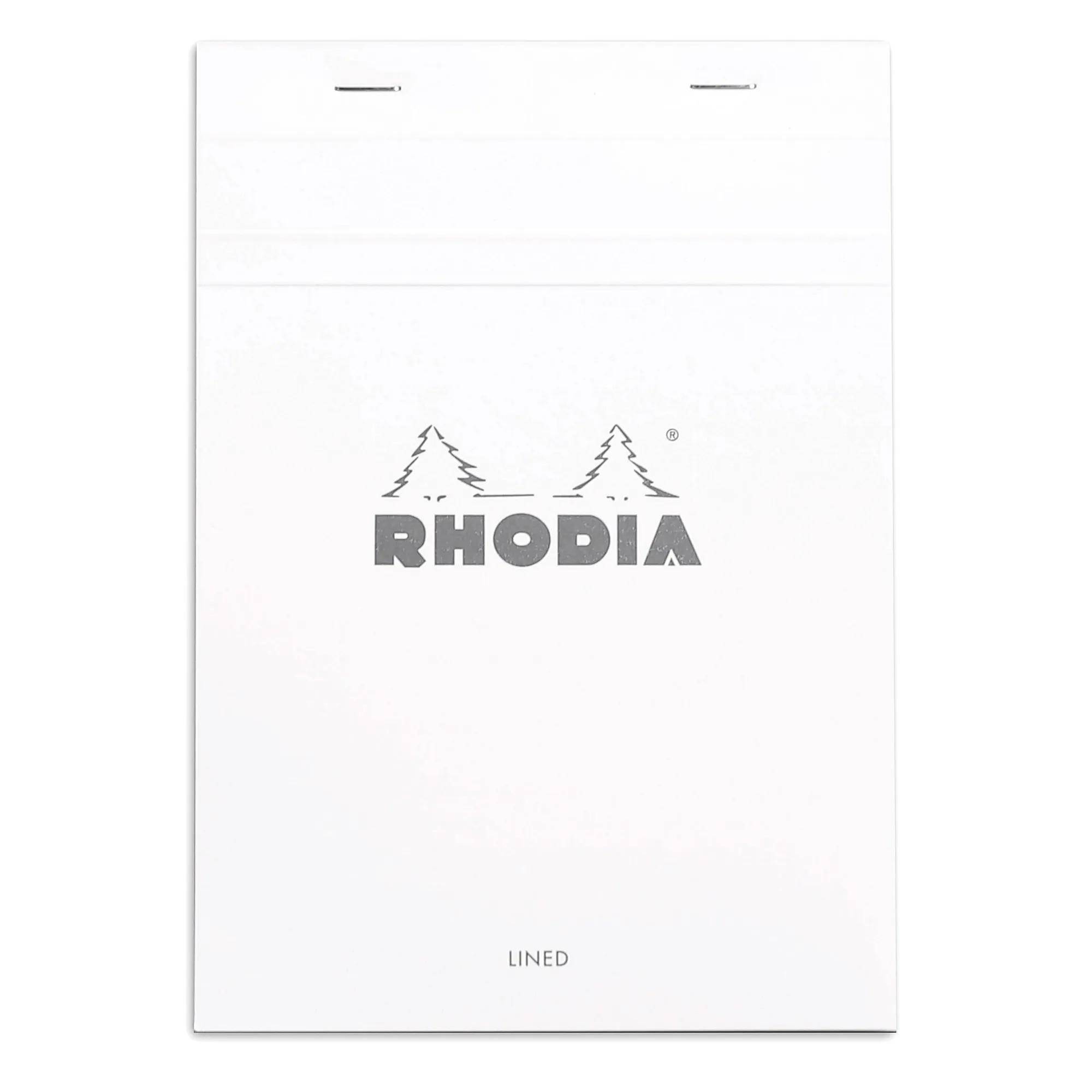 Weißes Rhodia liniertes Notizbuch oder Notizblock mit dem Rhodia-Logo zentriert und 