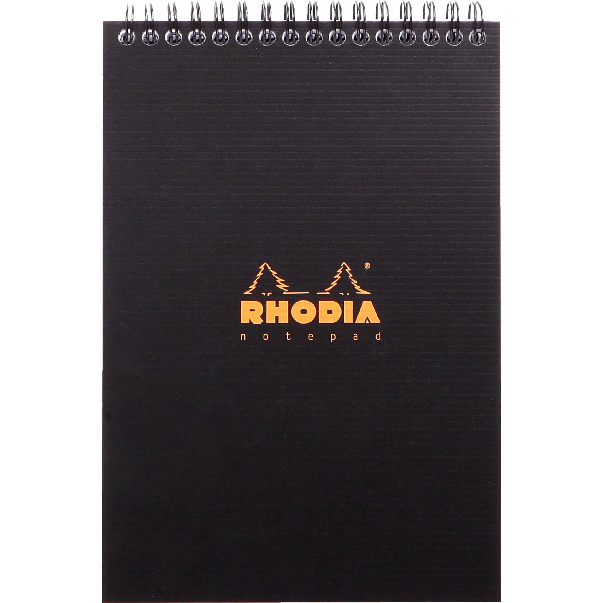 Schwarzes spiralgebundenes Rhodia-Notizbuch mit orangem Logo auf dem Umschlag