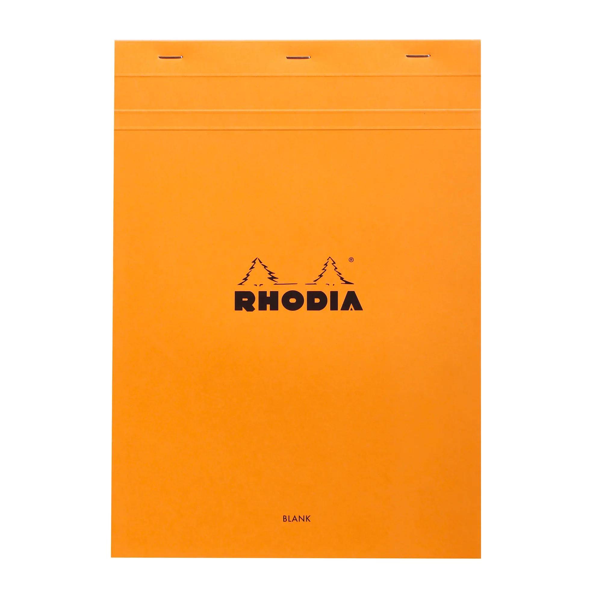 Gelber Rhodia-Notizbuchcover mit einem Logo, das zwei Bäume und das Wort „RHODIA