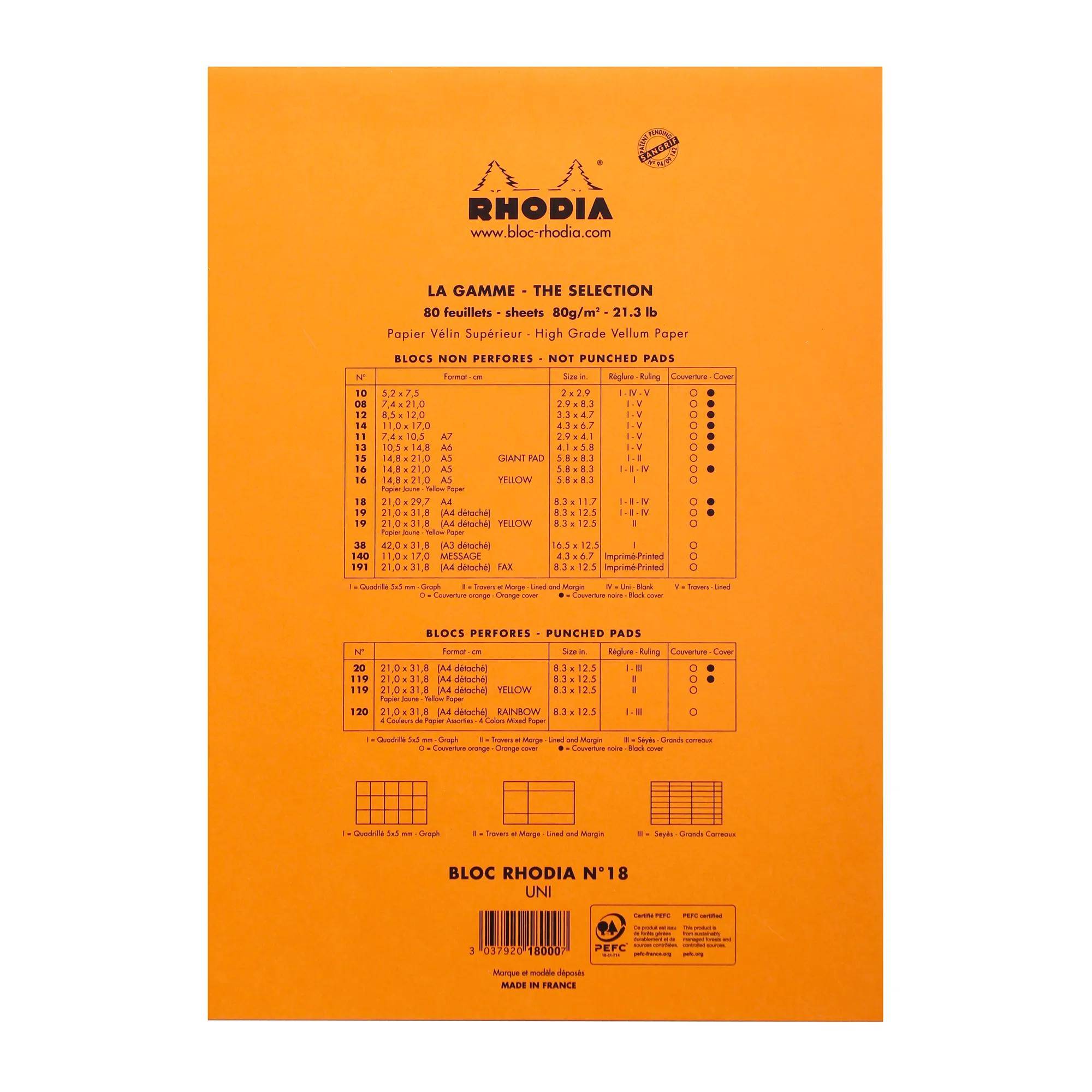 Orange Rhodia Notizbucheinband mit Produktdetails für „La Gamme – Die Auswahl", mit Papierformat, Blattanzahl und Blockoptionen aufgelistet.