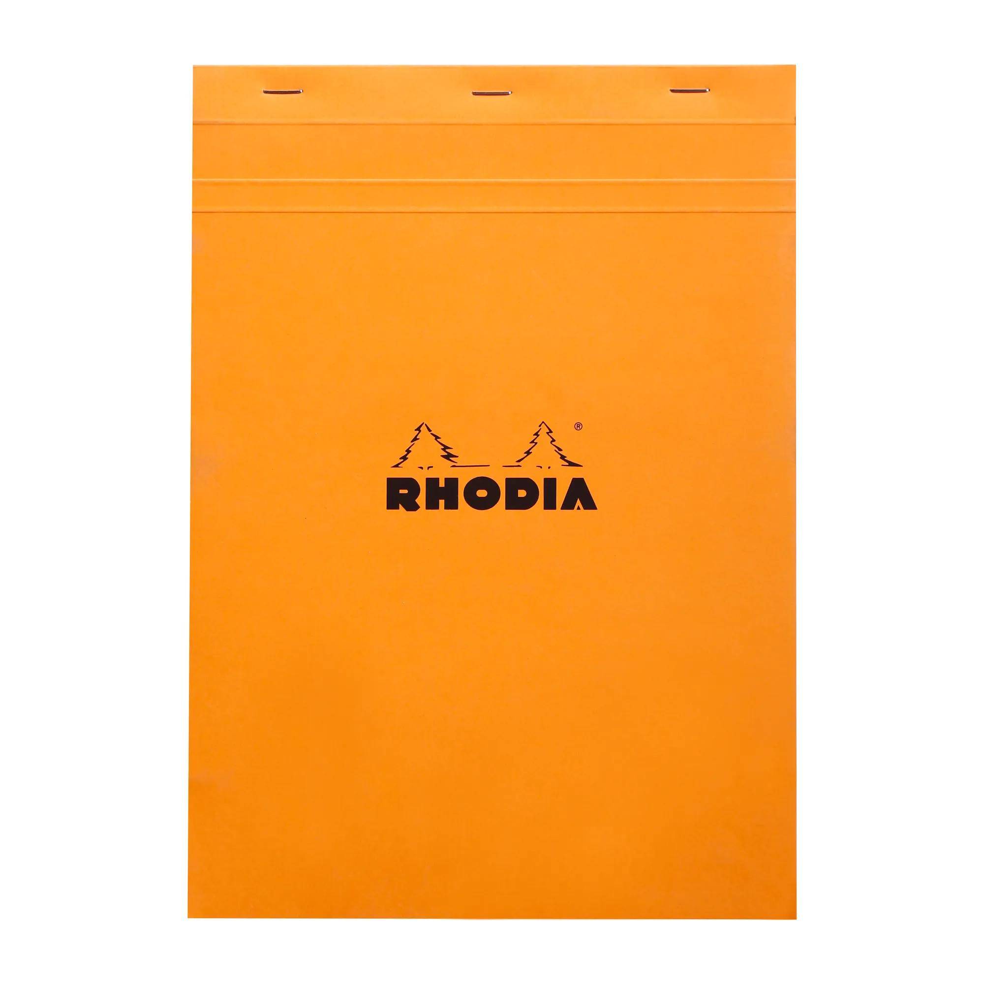 Orange Rhodia Notizblock mit schwarzem Logo auf dem Umschlag und drei Bindungslöchern oben.