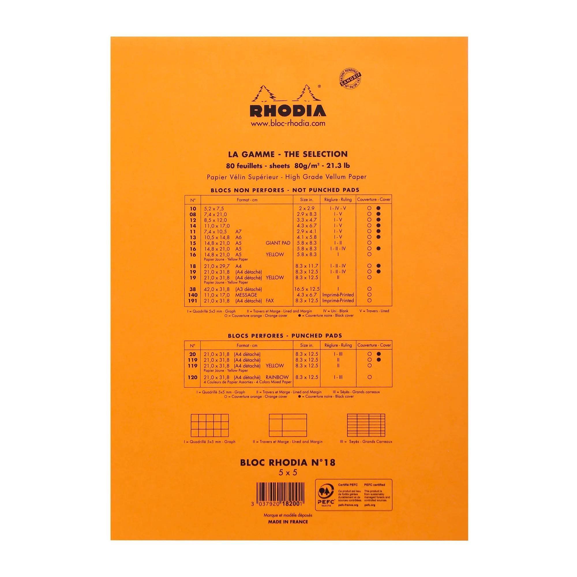 Rhodia 5x Gehefter Notizblock Rhodia No.18 A4 80 Blatt kariert 80g Orange 18200C