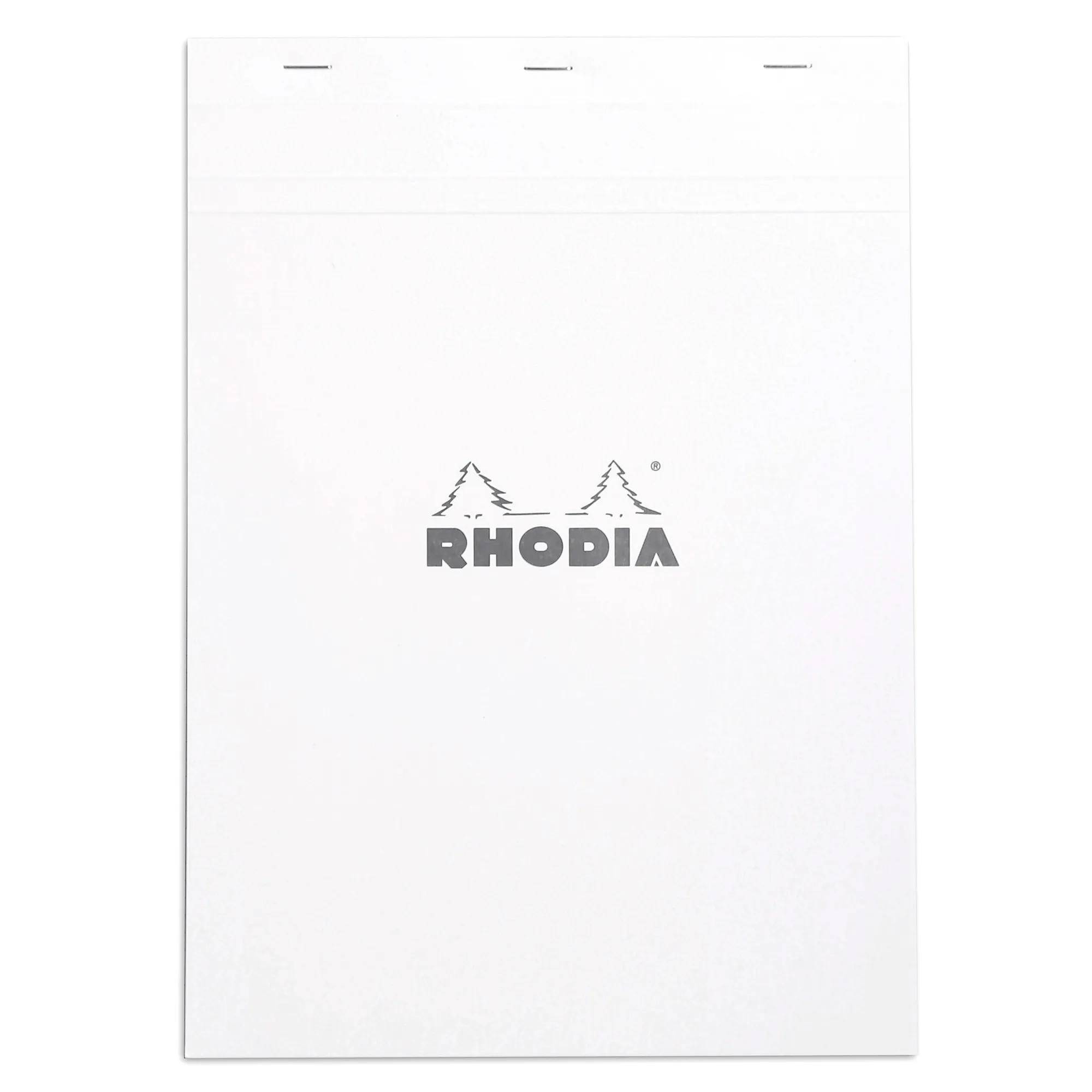 Weiß karierter Rhodia-Notizblock mit zentriertem Logo auf dem Umschlag und drei Bindungslöchern oben
