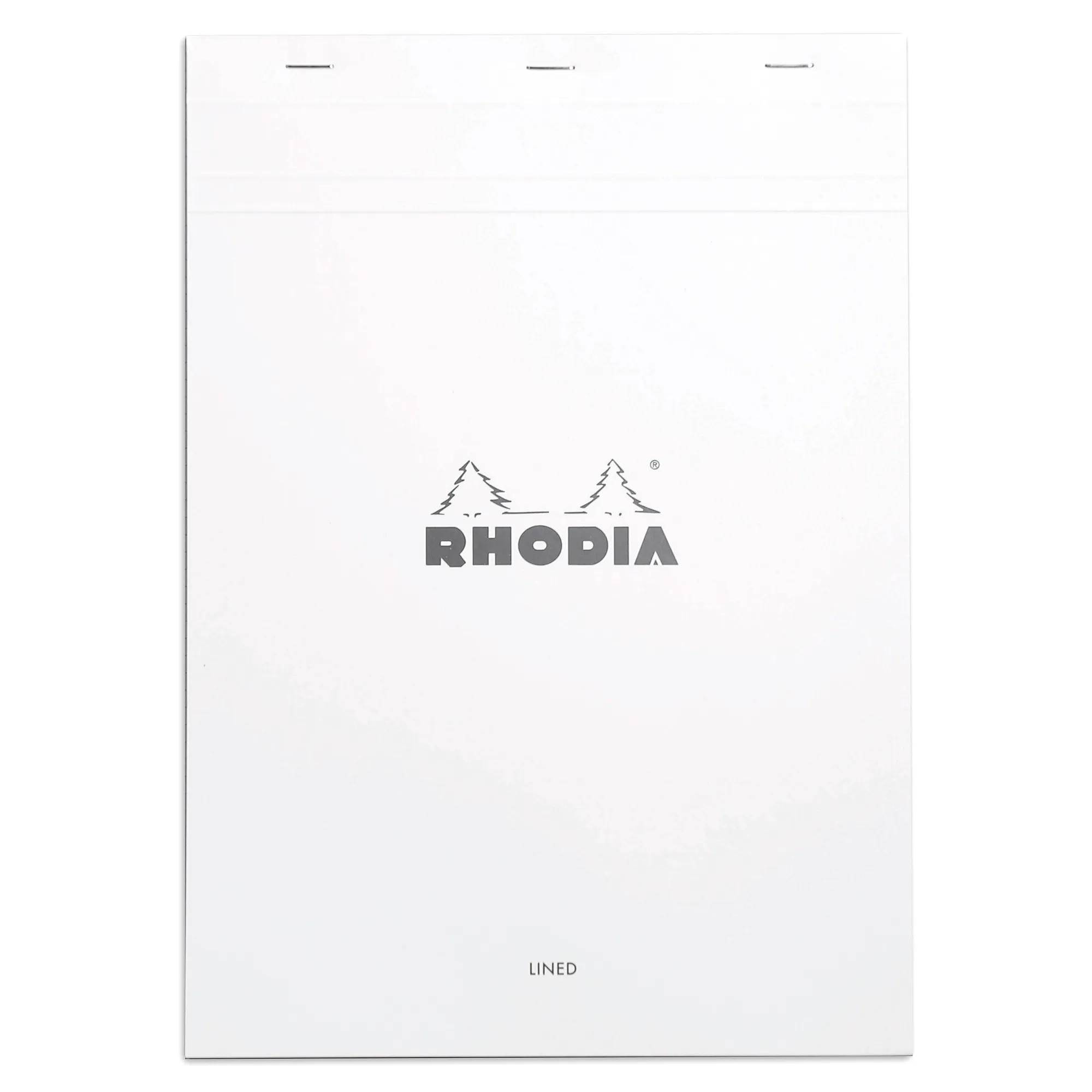 Weiß kariertes Rhodia-Notizbuch mit zentriertem Logo auf dem Umschlag und dem Wort „LINIERT