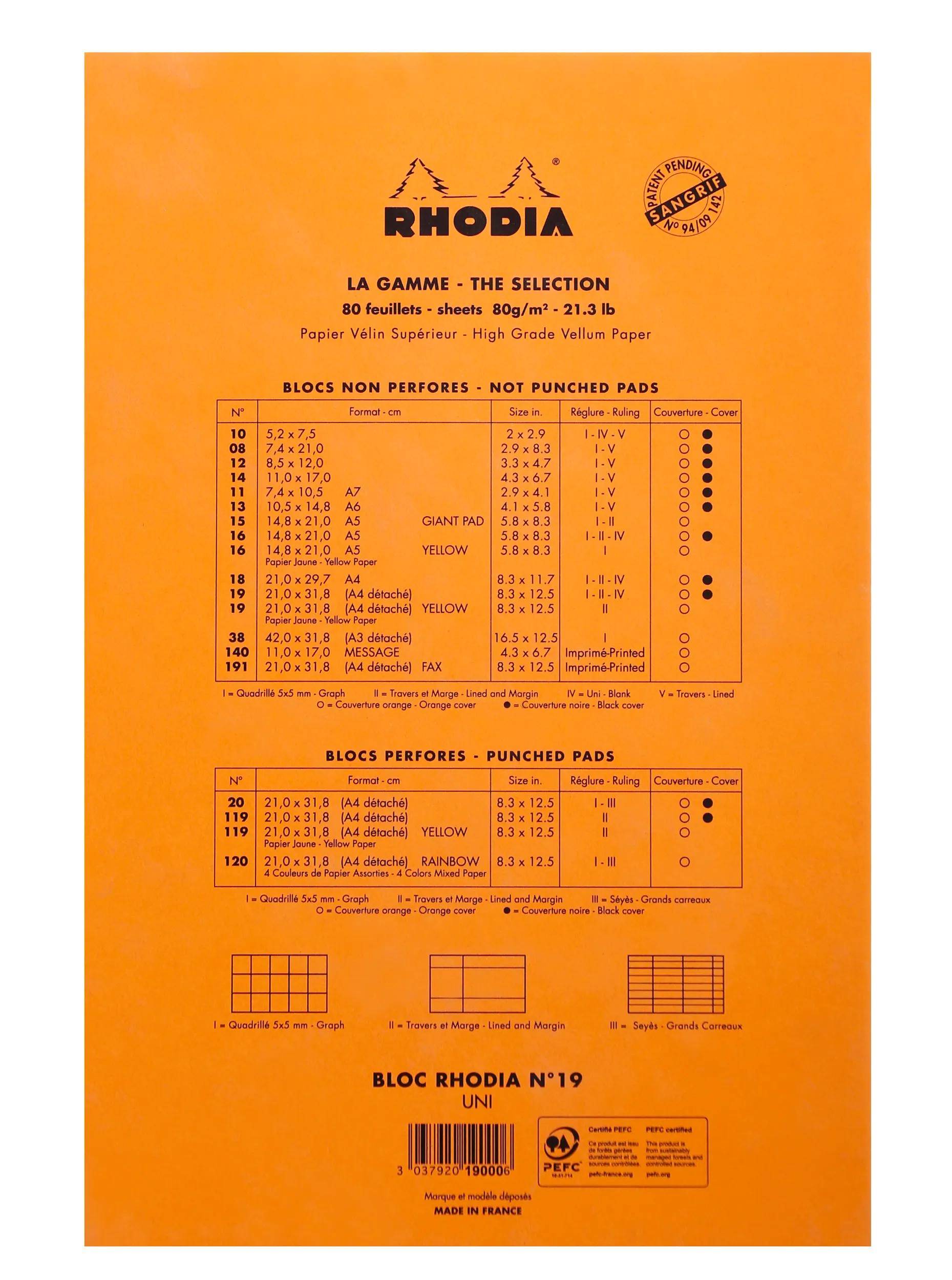Rhodia 5x Gehefter Notizblock Rhodia No.19 A4+ 80 Blatt blanko 80g Orange 19000C