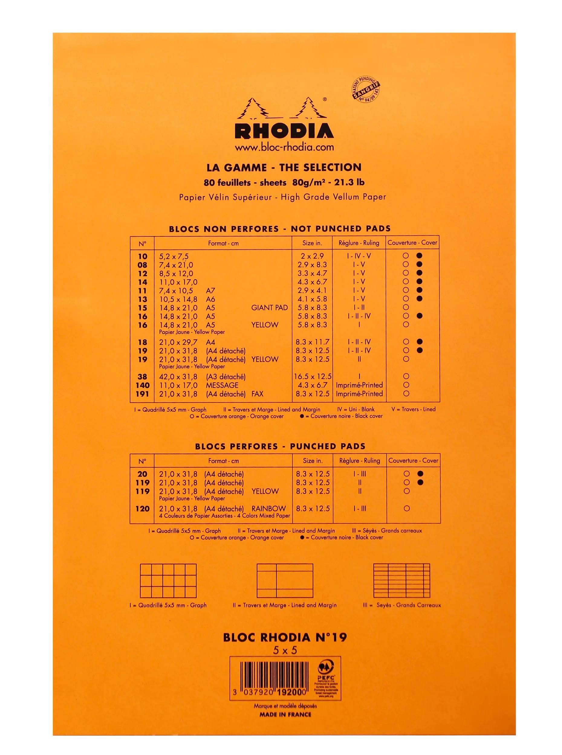 Rhodia 5x Gehefter Notizblock Rhodia No.19 A4+ 80 Bl kariert 80g Orange 19200C