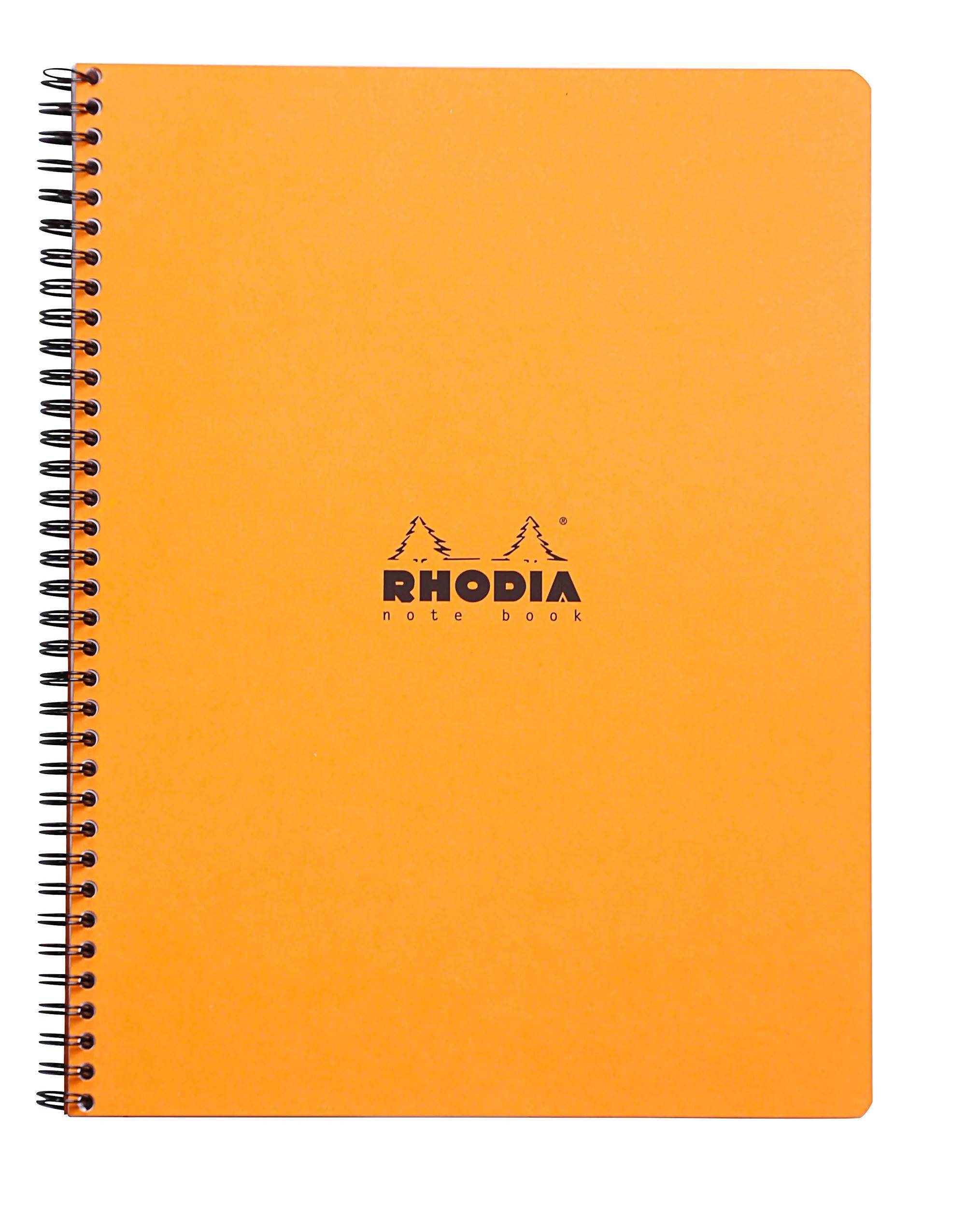 Orange spiralgebundenes Rhodia-Notizbuch mit schwarzem Logo und zentriertem Text 