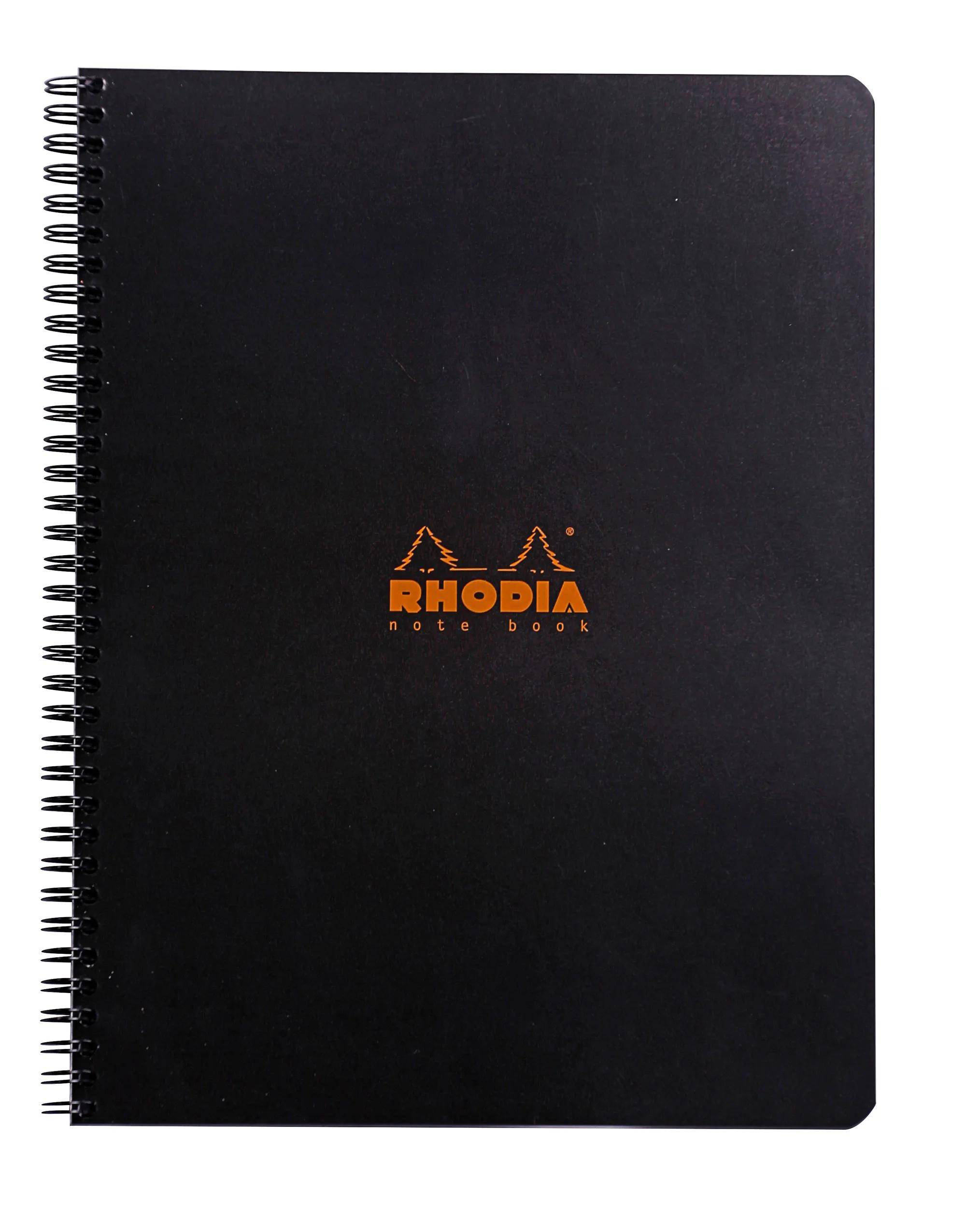 Ein schwarzes, spiralgebundenes Rhodia-Notizbuch mit einem orangefarbenen Logo auf dem Umschlag.
