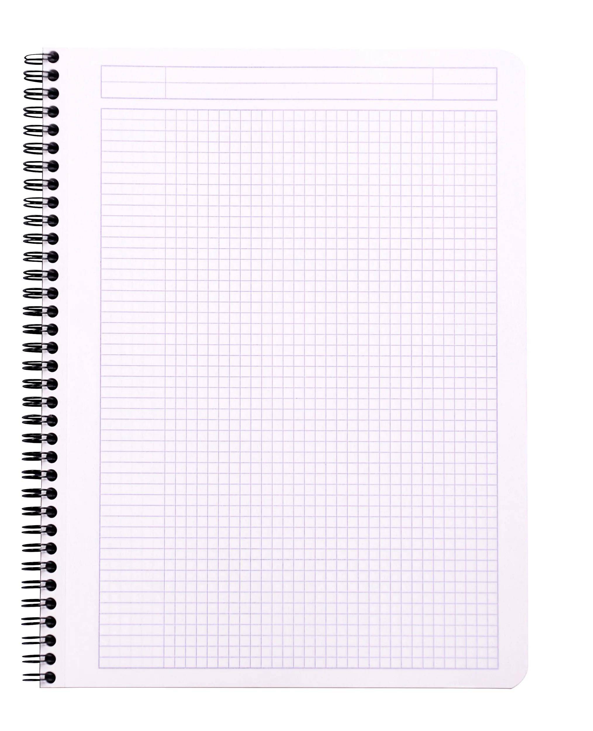 Offenes spiralgebundenes Notizbuch mit einer Gitterseite, das einen rechteckigen Kopfzeilenbereich über dem Gitter für Notizen oder Beschriftungen aufweist.