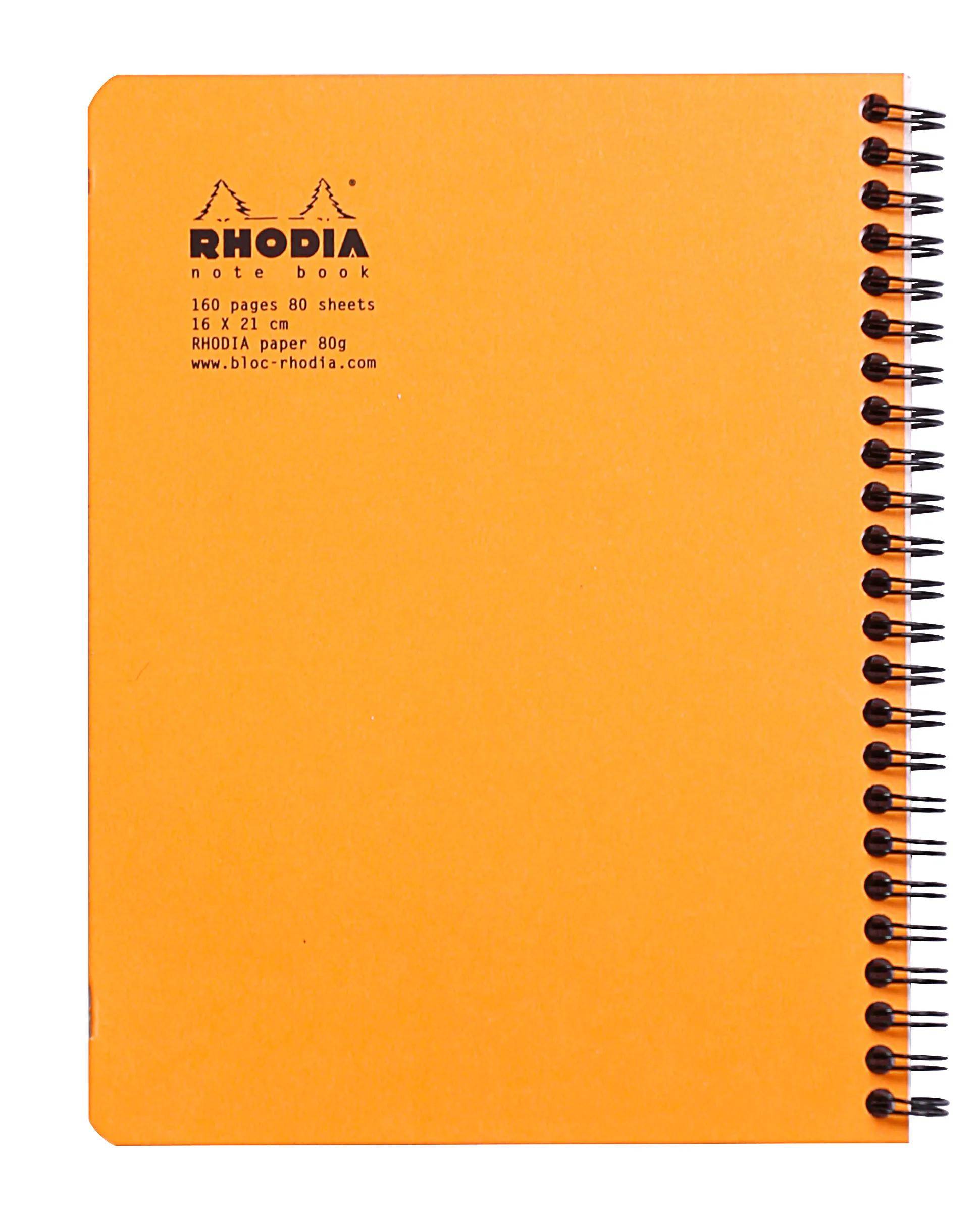 Orange-farbener Rhodia-Notizbuchdeckel mit schwarzem Text, Spiralbindung auf der rechten Seite. Der Text lautet „Rhodia, Notizbuch, 160 Seiten, 80 Blätter