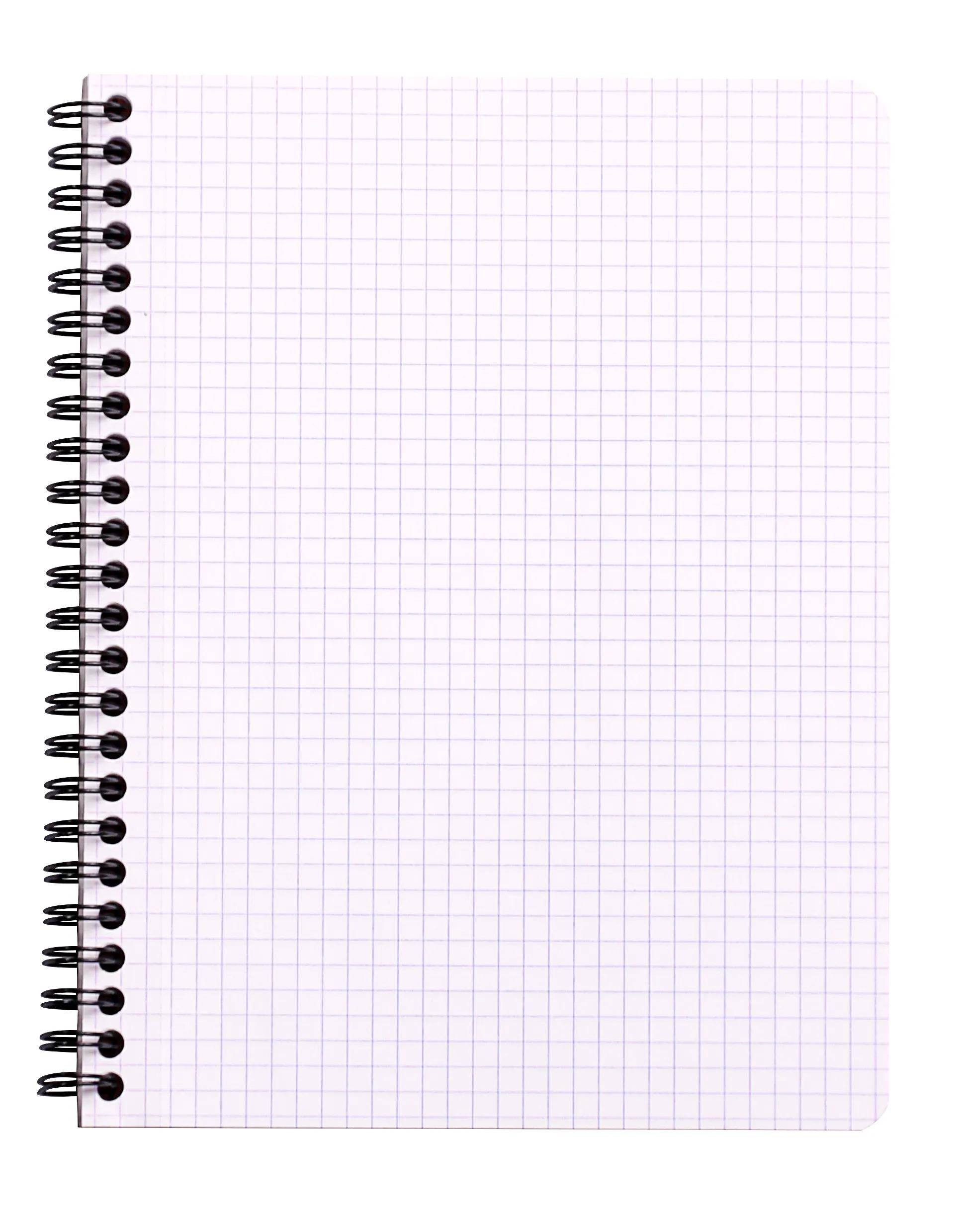 Aufgeschlagenes spiralgebundenes Notizbuch mit leerem Millimeterpapier, das ein Gitter aus hellvioletten Quadraten zeigt.