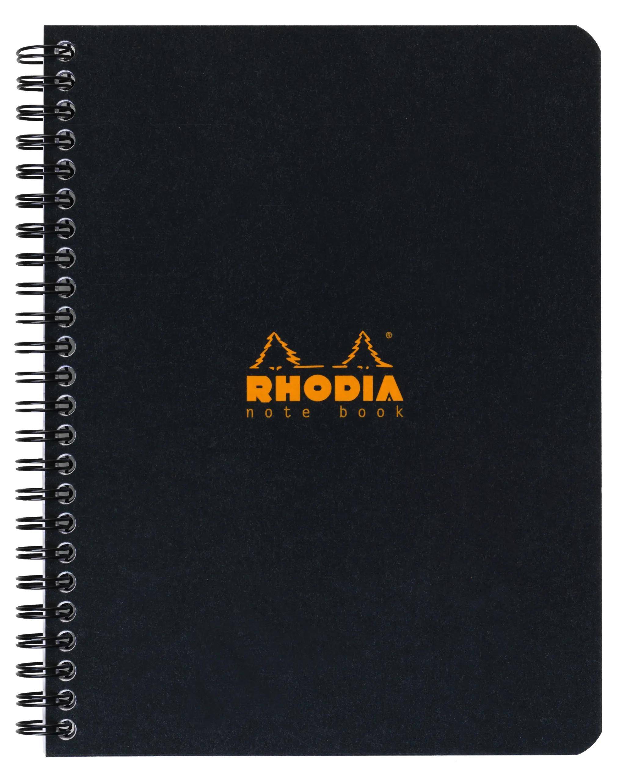 Ein spiralgebundenes schwarzes Rhodia-Notizbuch mit dem Rhodia-Logo und dem Text „note book
