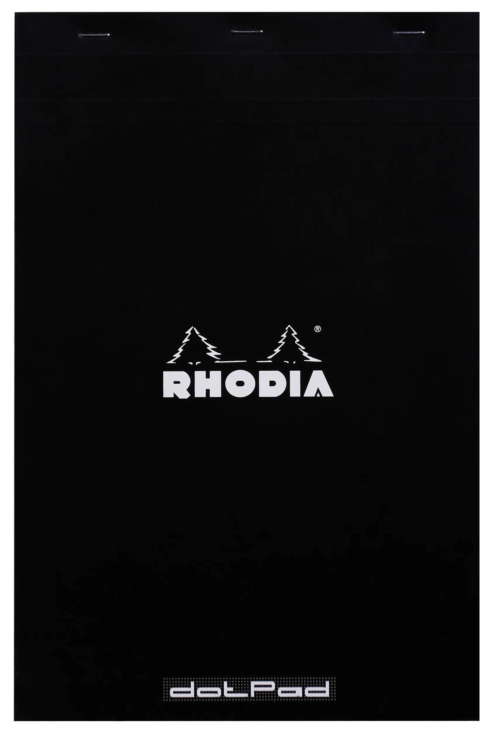 Rhodia-Notizbuchdeckel mit einem Logo, das zwei stilisierte Bäume über dem Markennamen zeigt. Der Hintergrund ist schwarz.