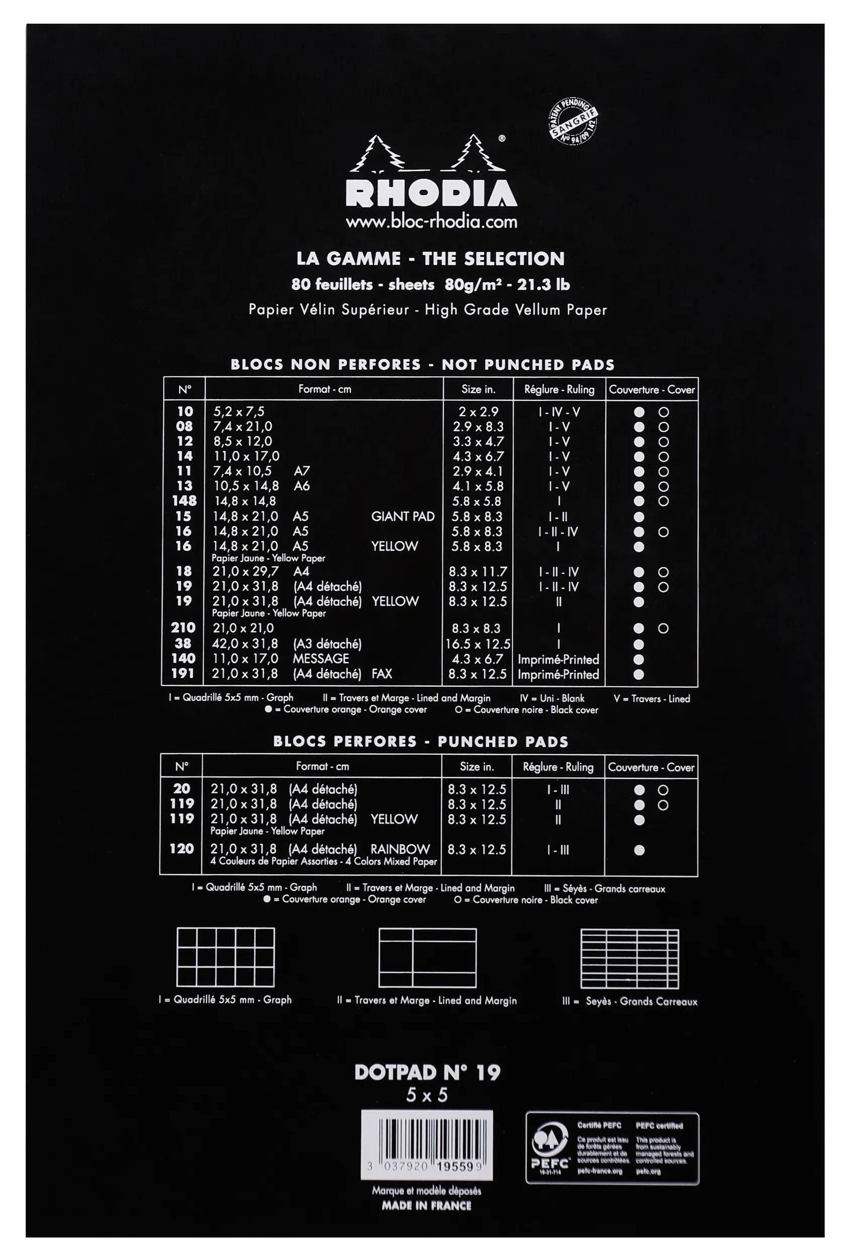 LA GAMME - THE SELECTION' zeigt nicht gestanzte und gestanzte Papierformate, Größen und Farben einschließlich A4 und Gelb. Diagramme zeigen Papiergestaltungsoptionen.