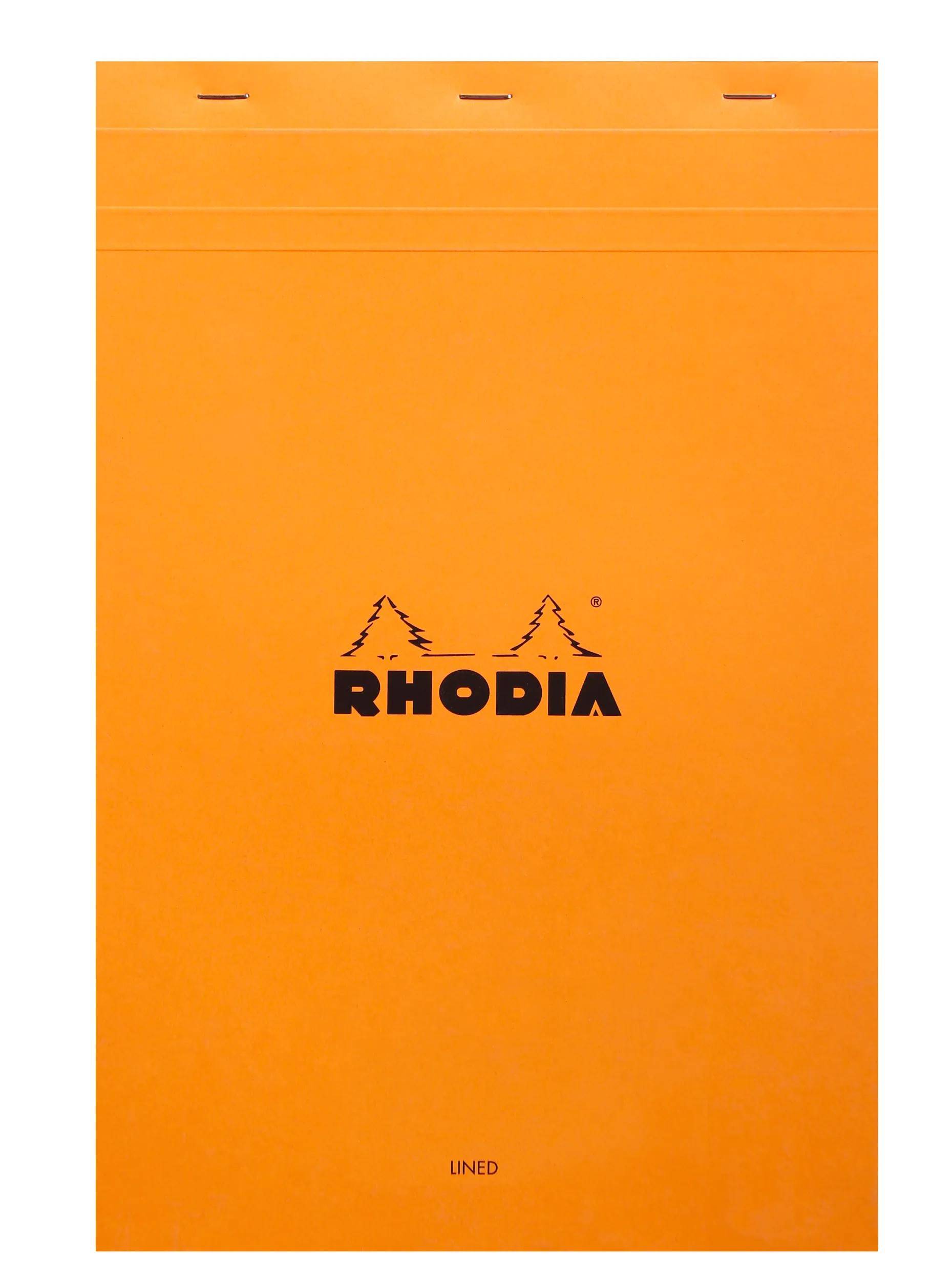 Ein orangefarbener Rhodia-Notizbucheinband mit dem Rhodia-Logo, zwei Kiefern über dem Markennamen.