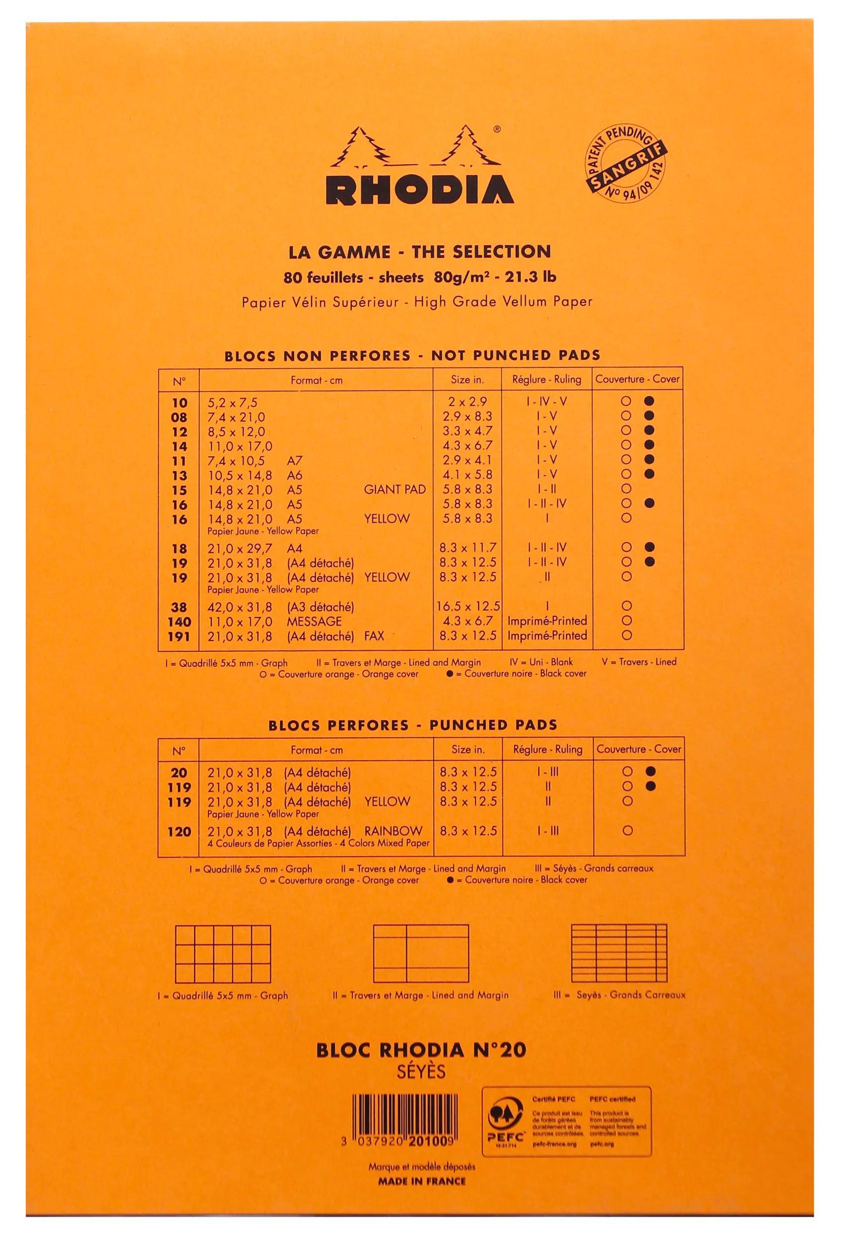 RHODIA - LA GAMME - DIE AUSWAHL' Blockliste ohne Perforation mit Größen, Farben und Linientypen. Hauptfarben sind Orange und Gelb.