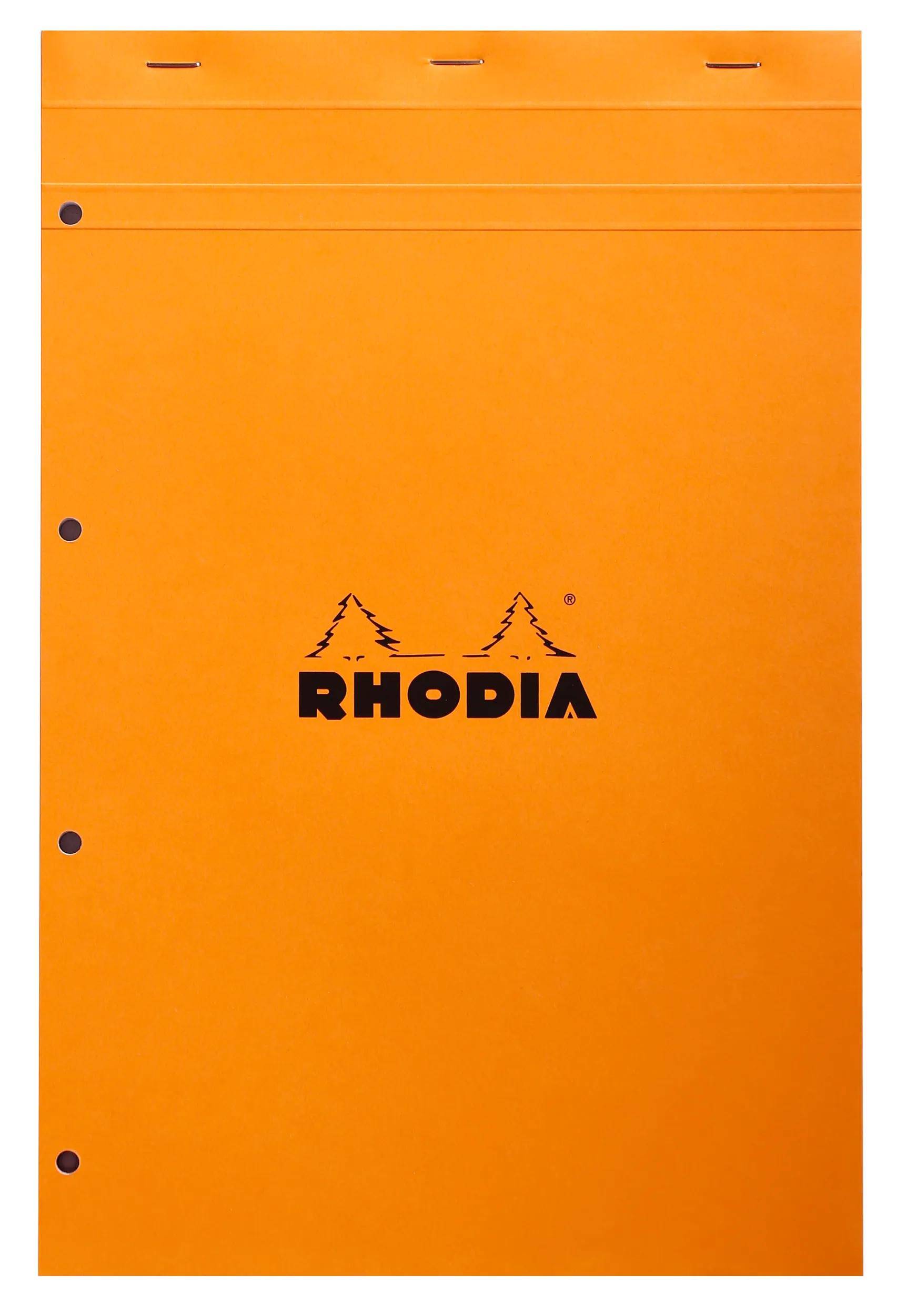 Orange RHODIA Notizbuchcover mit zentriertem Logo und drei gestanzten Löchern entlang der linken Kante.