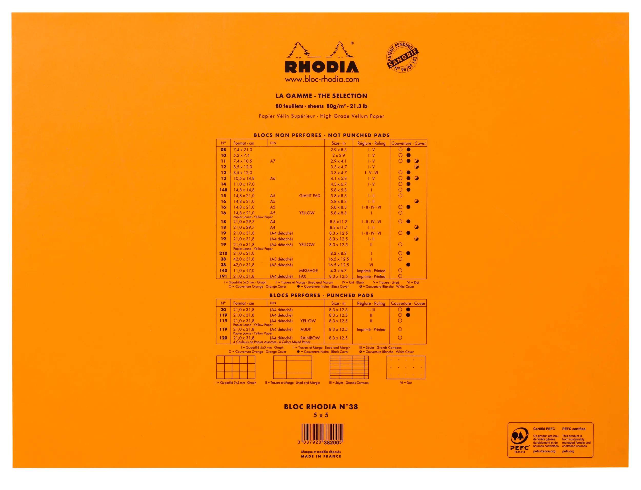 Rhodia 5x Gehefter Notizblock Rhodia No.38 A3+ 80 Bl kariert 80g Orange 38200C