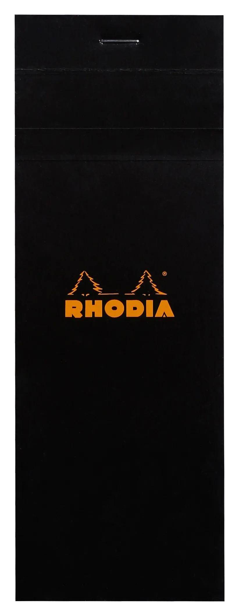 Schwarzer Rhodia-Notizbucheinband mit orangefarbenem „RHODIA