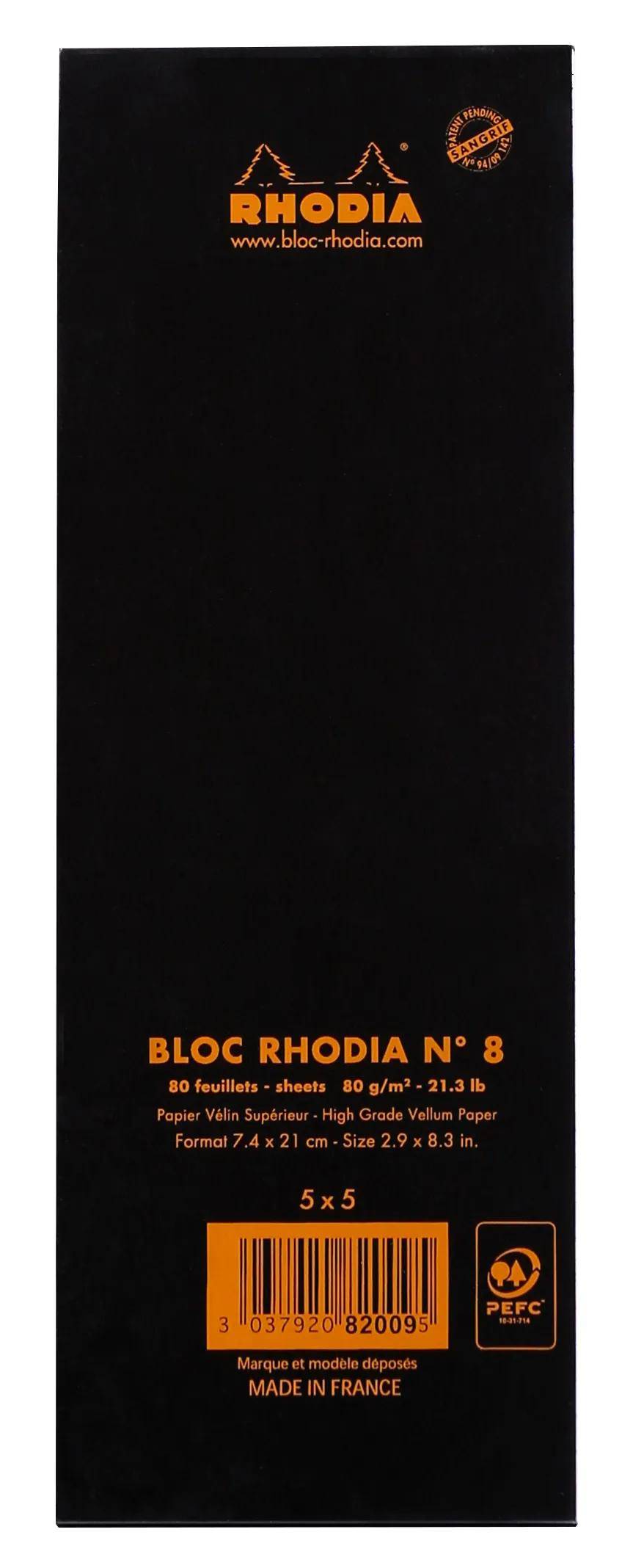 Schwarzer Rhodia-Notizblockhülle mit orangefarbenem „RHODIA"-Logo, „BLOC RHODIA N° 8"", „5 x 5"", Barcode und „MADE IN FRANCE"" am unteren Rand.