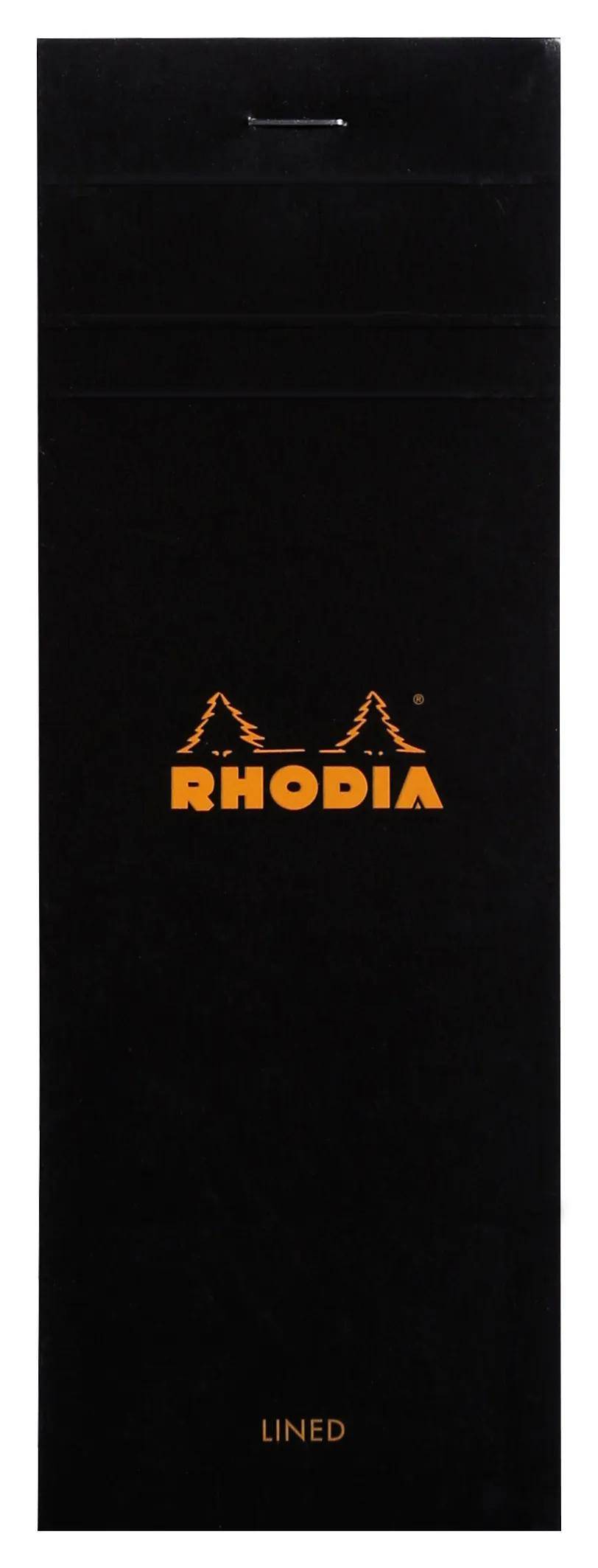 Ein schwarzer Rhodia-Notizbucheinband mit dem orangefarbenen Rhodia-Logo und Zeichnungen von zwei Bäumen über dem Markennamen.