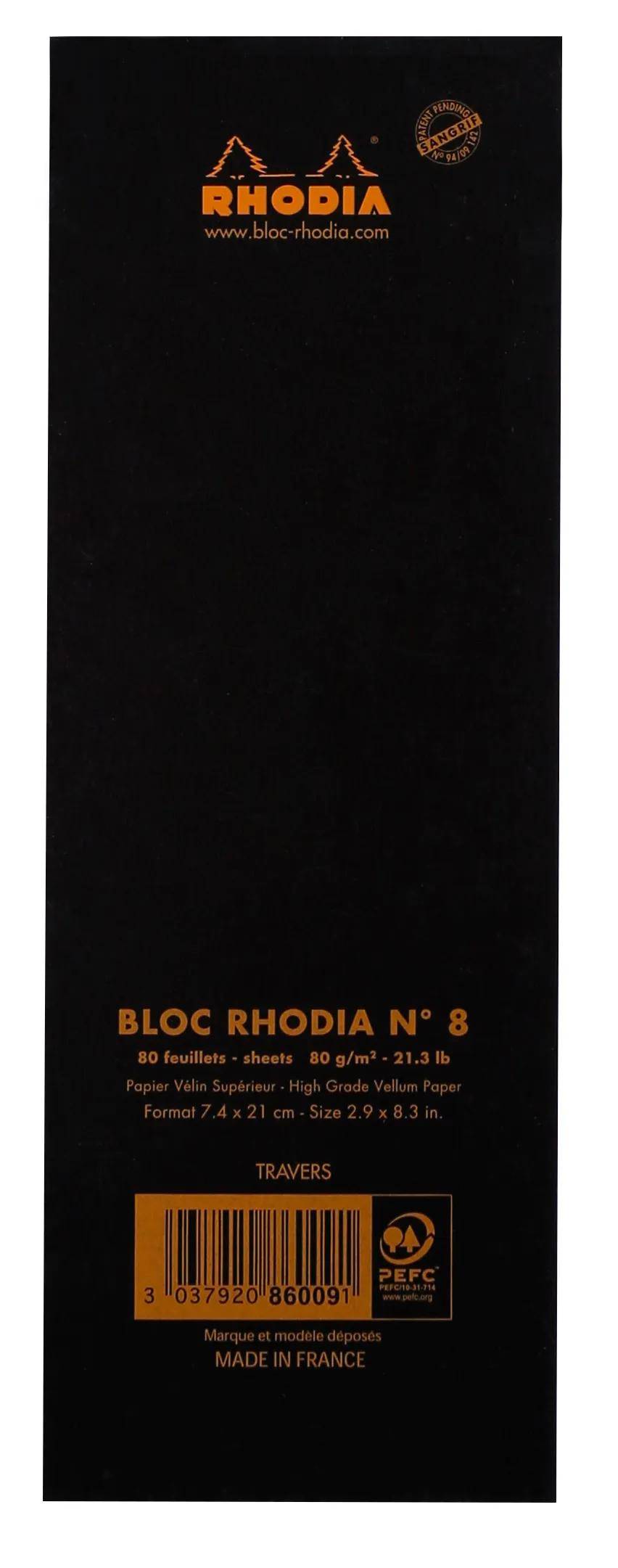 BLOC RHODIA N° 8' Text auf schwarzem Hintergrund mit Details: '80 Blätter - sheets 80 g/m² - 21.3 lb' und 'Papier Vélin Supérieur - Hochwertiges Vellumpapier'.