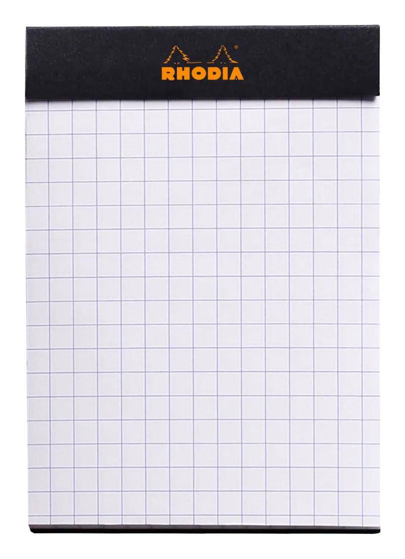 Eine leere Notebook-Seite mit einer schwarzen Kopfzeile mit der Bezeichnung „Rhodia