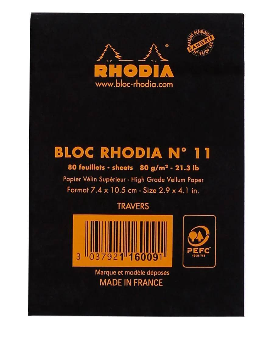 Schwarzer Rhodia-Notizblockeinband mit der Aufschrift „BLOC RHODIA N° 11" mit Barcode, 80 Blatt, 7,4 x 10,5 cm, hergestellt in Frankreich.