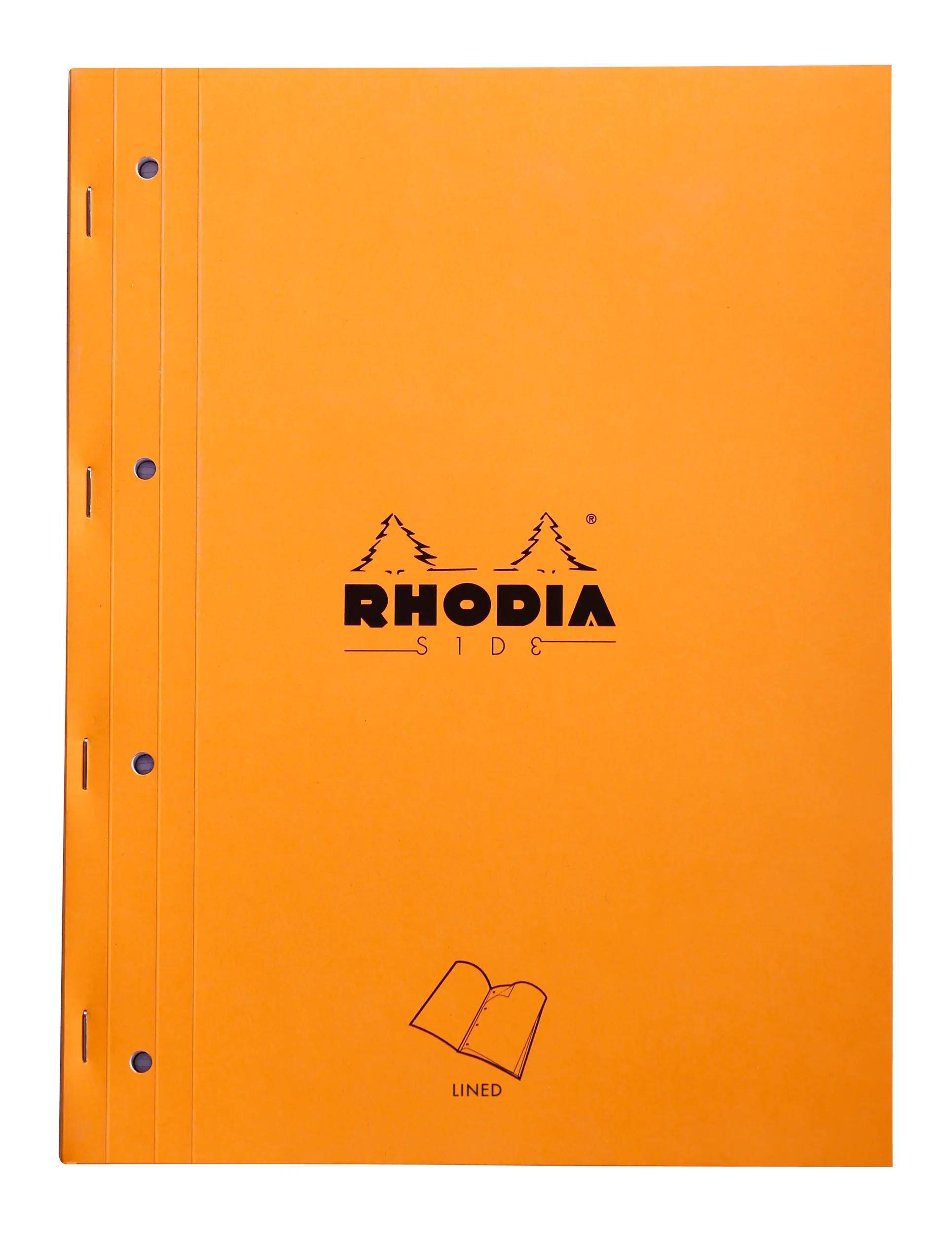 Ein orangefarbener Rhodia-Notizbuchcover, dreifach gelocht, Liniendesign am unteren Ende angegeben.