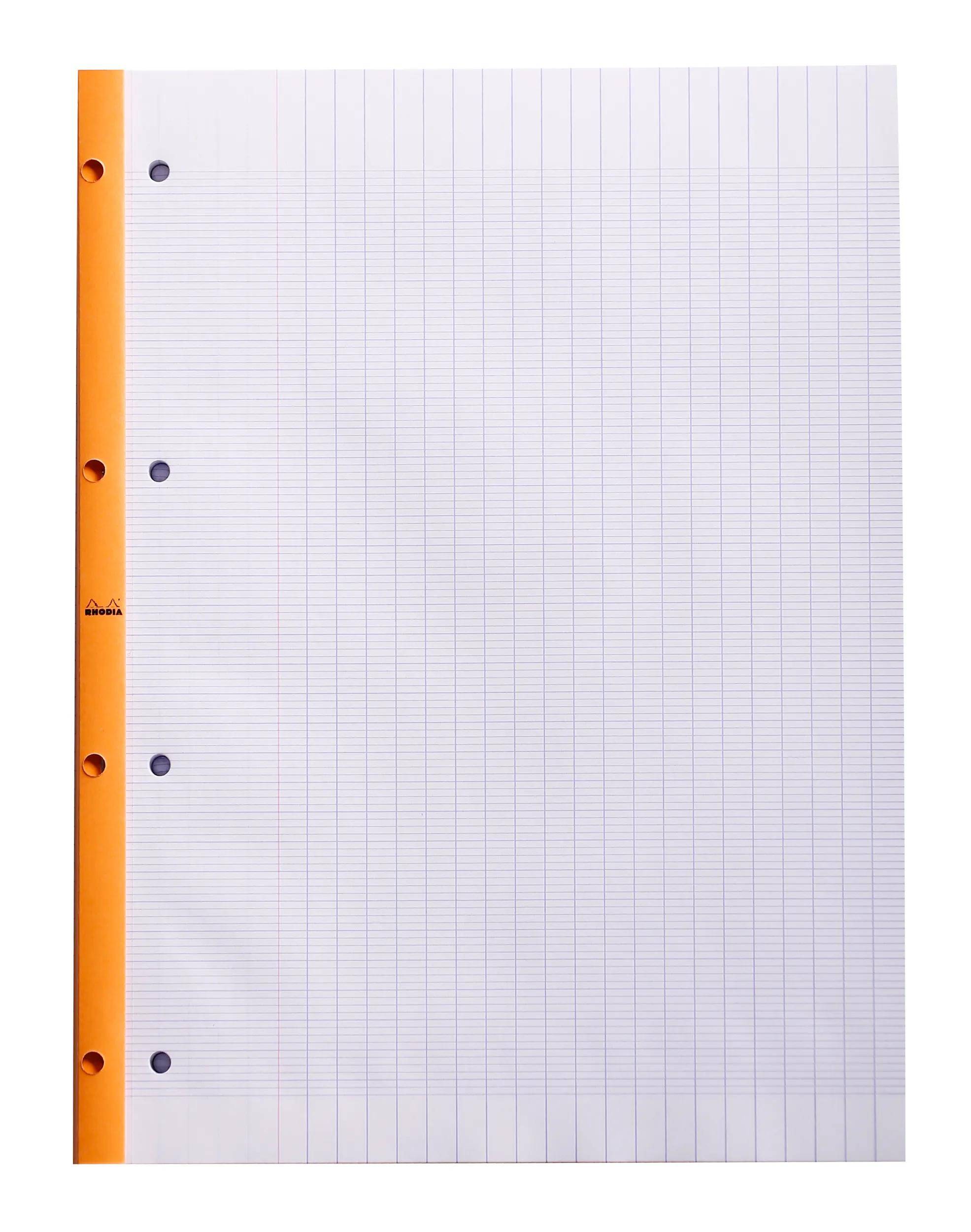 Ein Blatt liniertes Millimeterpapier mit Gitterlinien, orangefarbigem Rand und drei Lochungen auf der linken Seite.