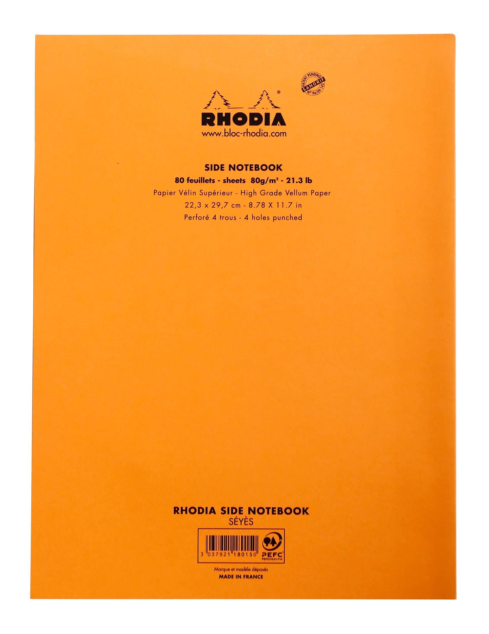 Orange-farbener Rhodia-Seitennotizblock mit schwarzem Logo und Produktdetails, einschließlich der Textangabe '80 Blatt' und 'A4' Größe.