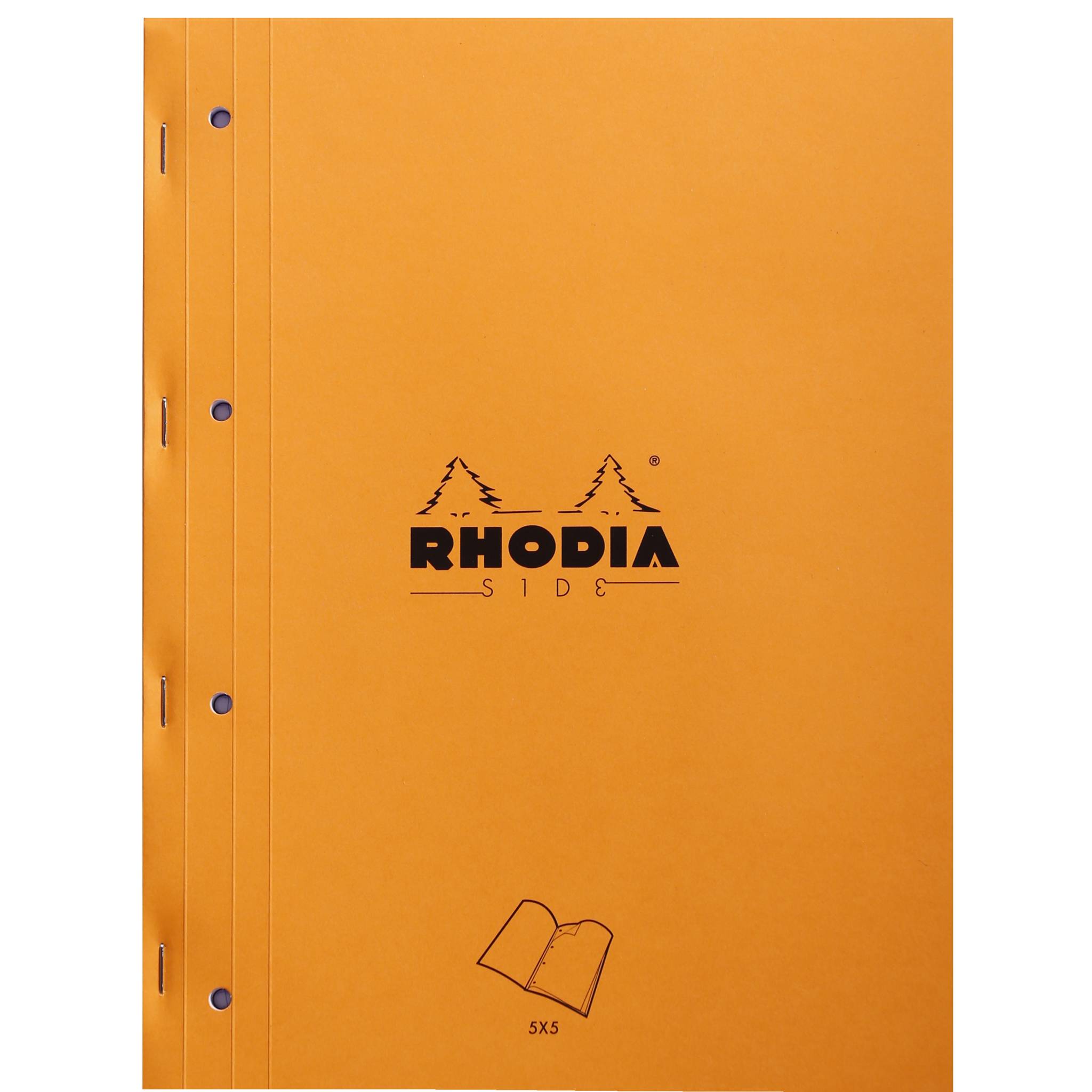 Orange Rhodia Seitenblock mit Spiralbindung auf der linken Seite und „5x5