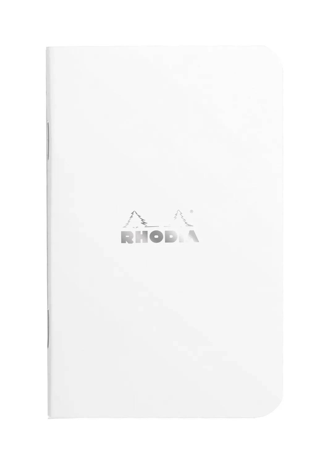 Weiß RHODA Notizbuch mit minimalem Cover und abgerundeter unten rechts Ecke, geschlossen auf einfachem Hintergrund dargestellt.
