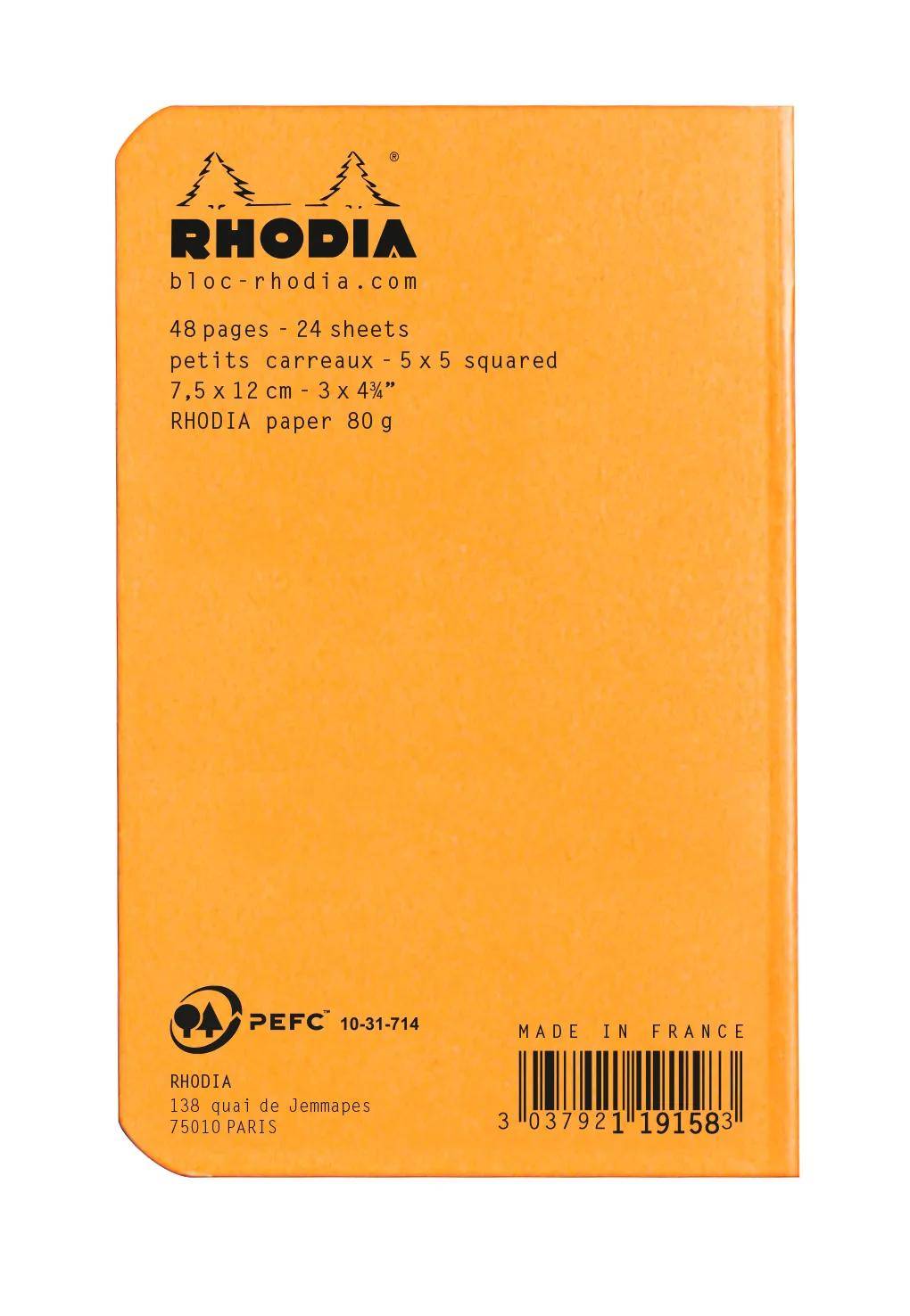 Bloc Rhodia' Notizbuch mit 48 karierten Blättern, 7,5x12 cm, 80 g/m² Papier. Hergestellt in Frankreich, PEFC-zertifiziert. Orange Einband.