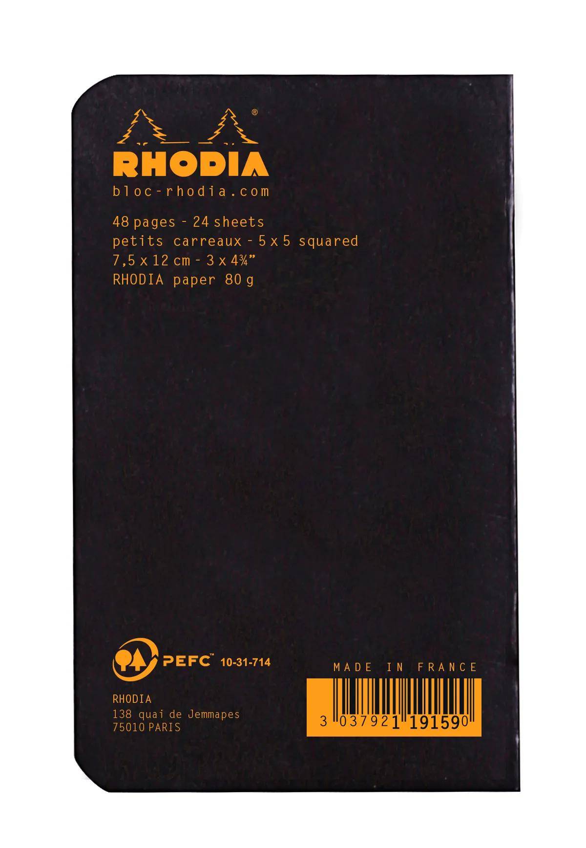 Kleines Rhodia Notizbuch mit schwarzem Einband und orangefarbigem Branding, kariert, 48 Seiten, 7,5 x 12 cm, hergestellt in Frankreich.