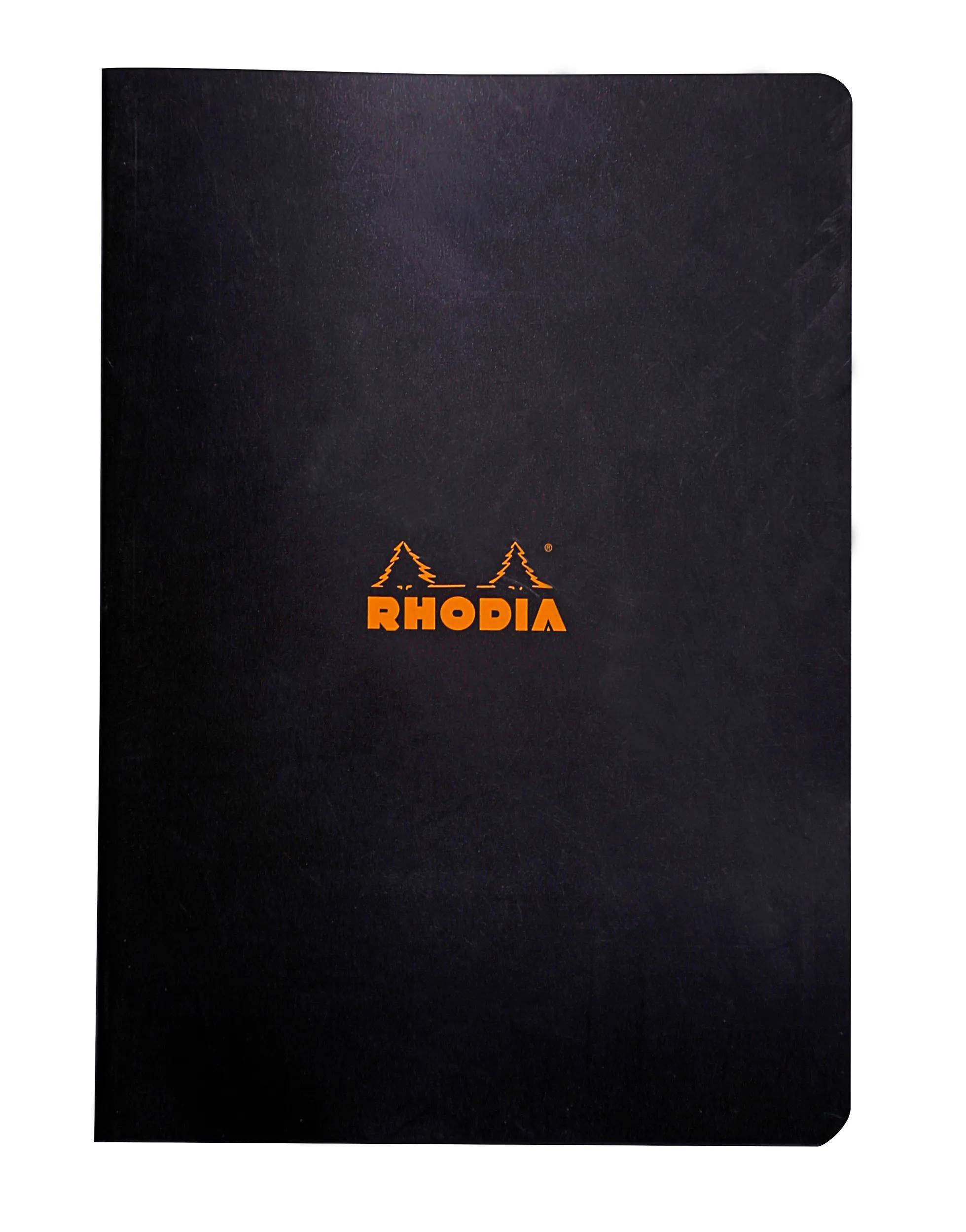 Ein schwarzer Notizbuchcover mit dem Markennamen „Rhodia
