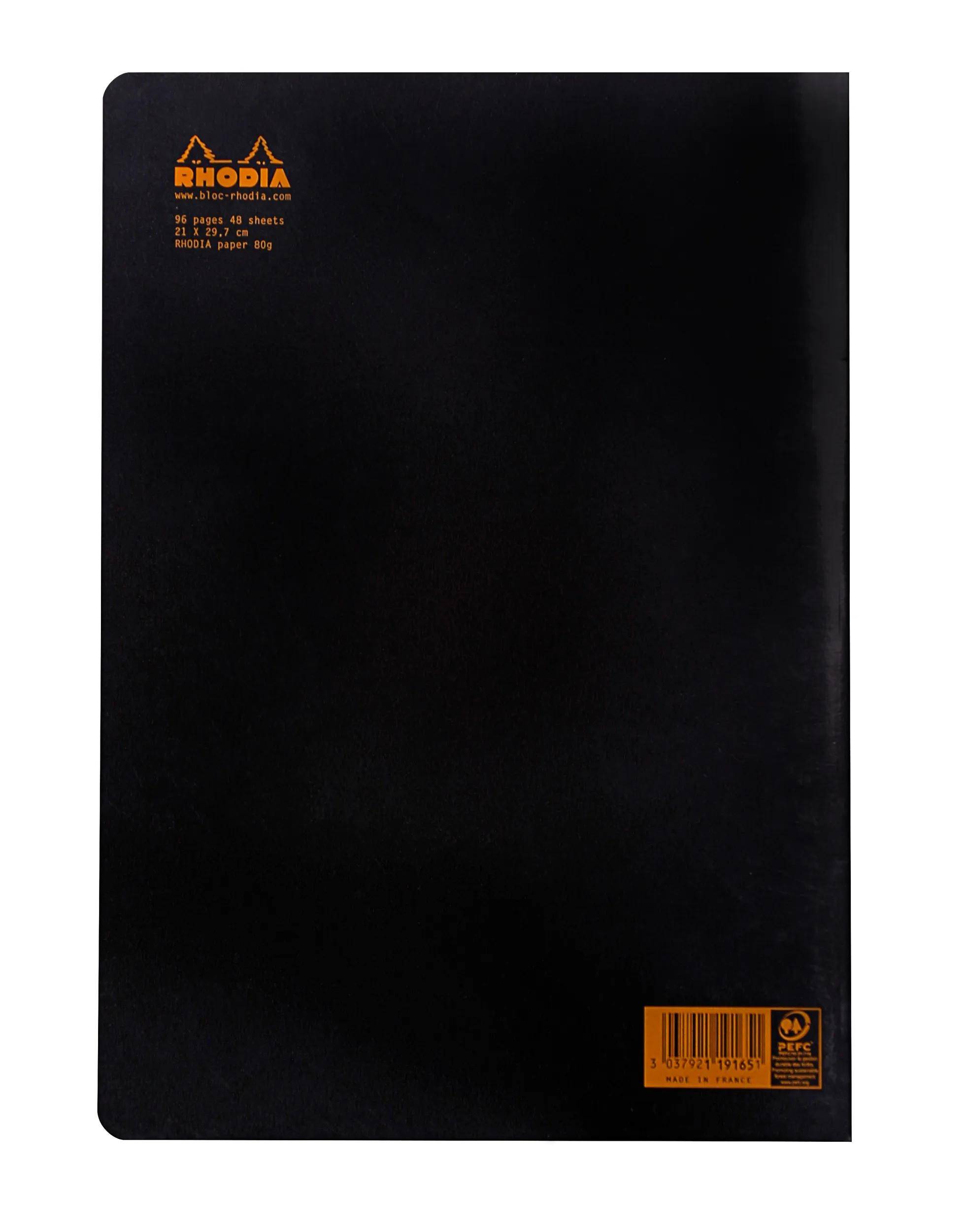 Schwarzes Rhodia-Notizbuch mit orangenem Logo oben links und Barcodeetikett unten rechts.