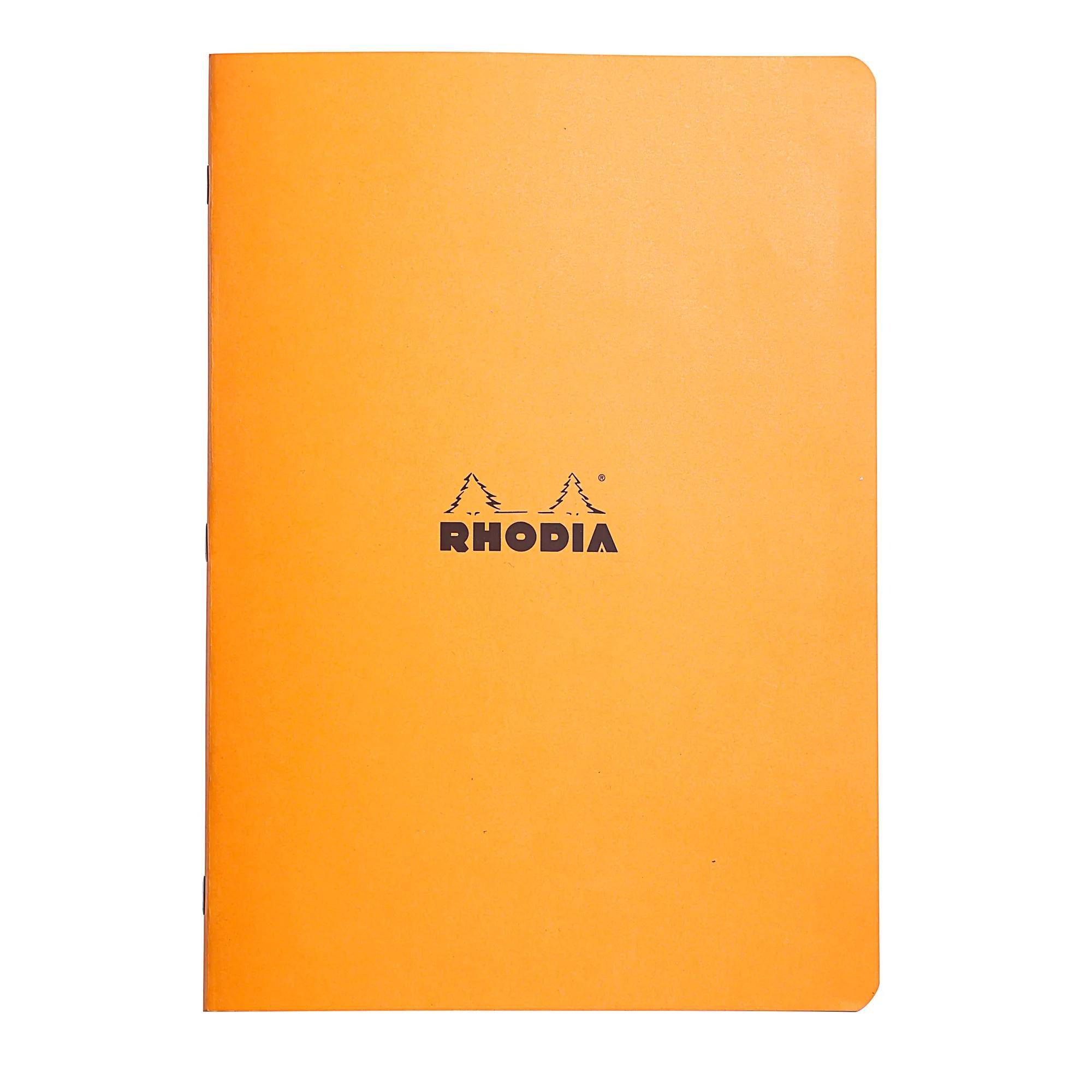 Orange Rhodia Notizbucheinband mit zentriertem schwarzem Logo und abgerundeten Ecken, vor weißem Hintergrund dargestellt.