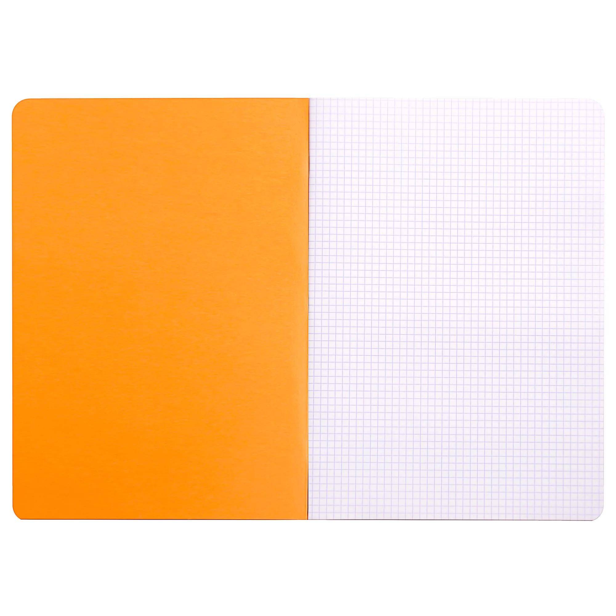 Ein von oben betrachtetes offenes Notizbuch mit einer durchgehend orangefarbenen linken Seite und einer leeren Millimeterpapier-rechten Seite.